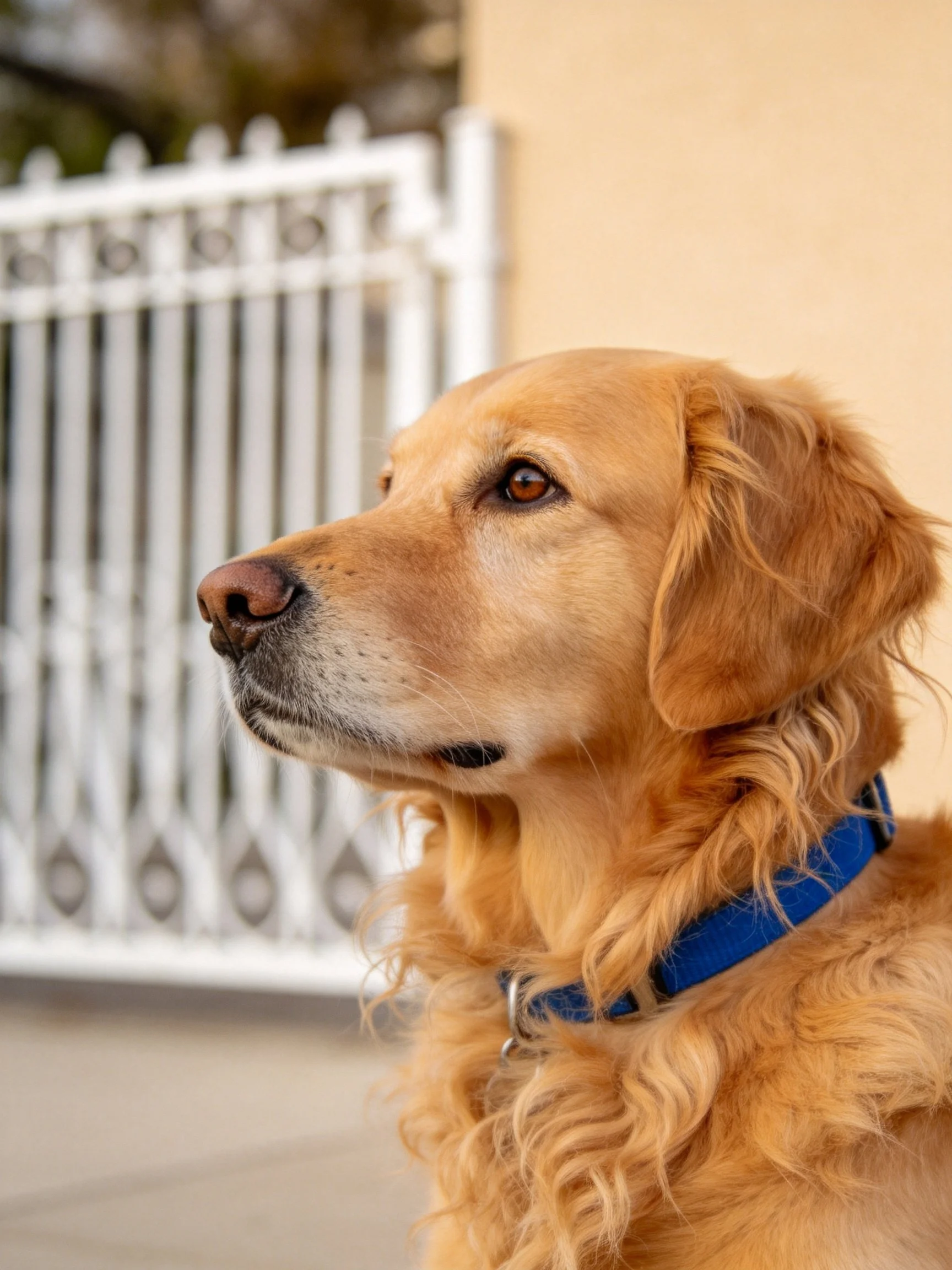 A golden retriever with a blue collar stands close to a white fence.