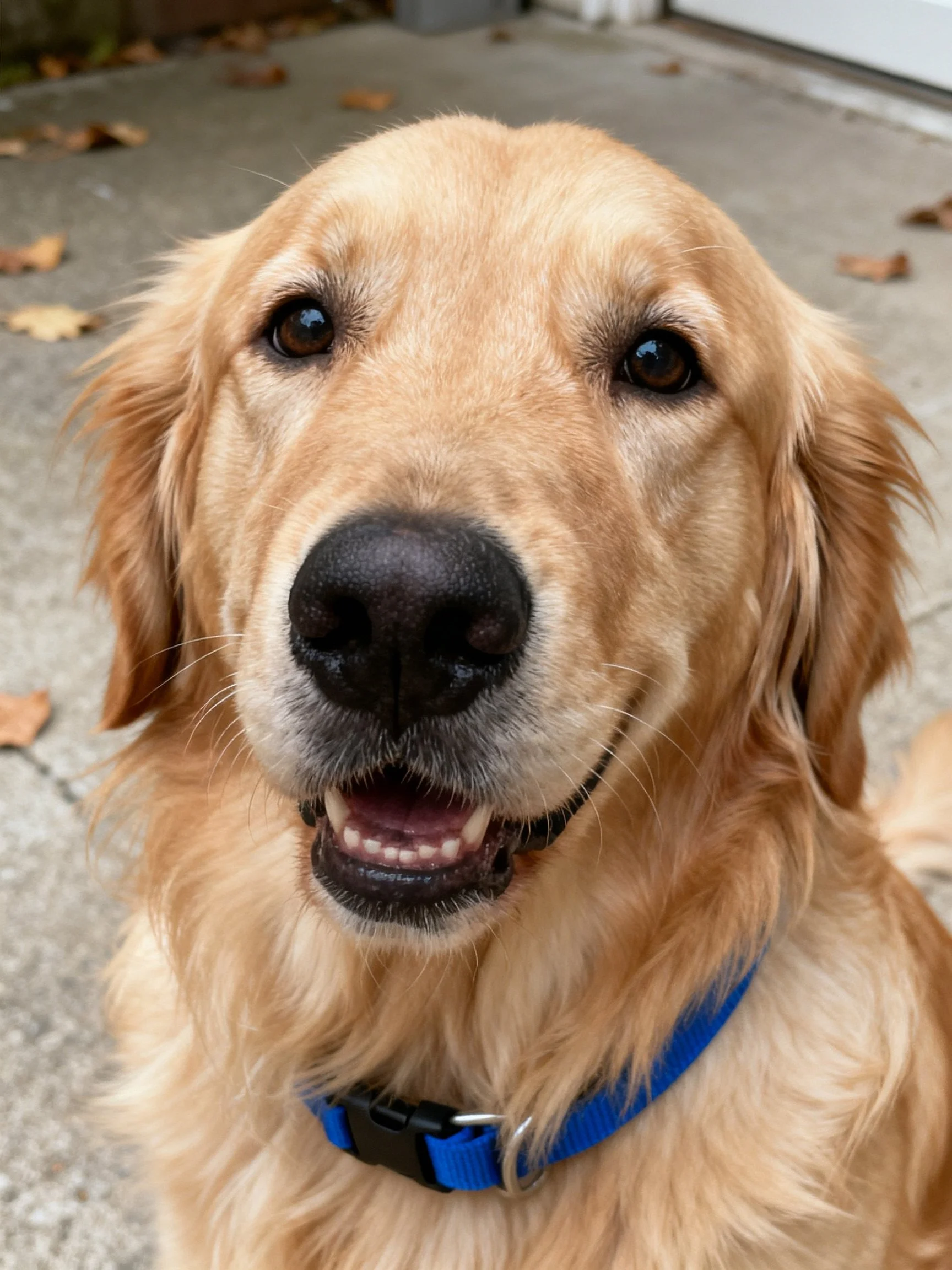 Golden retriever with blue collar on concrete patio
