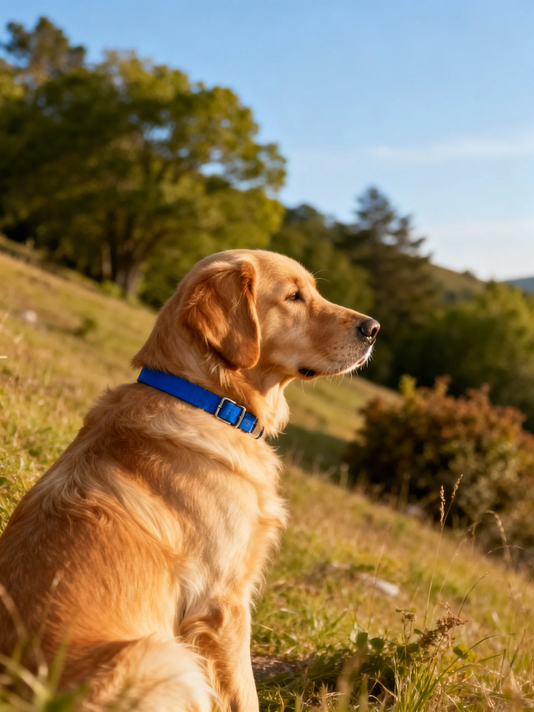 Golden retriever with blue collar on grassy hillside