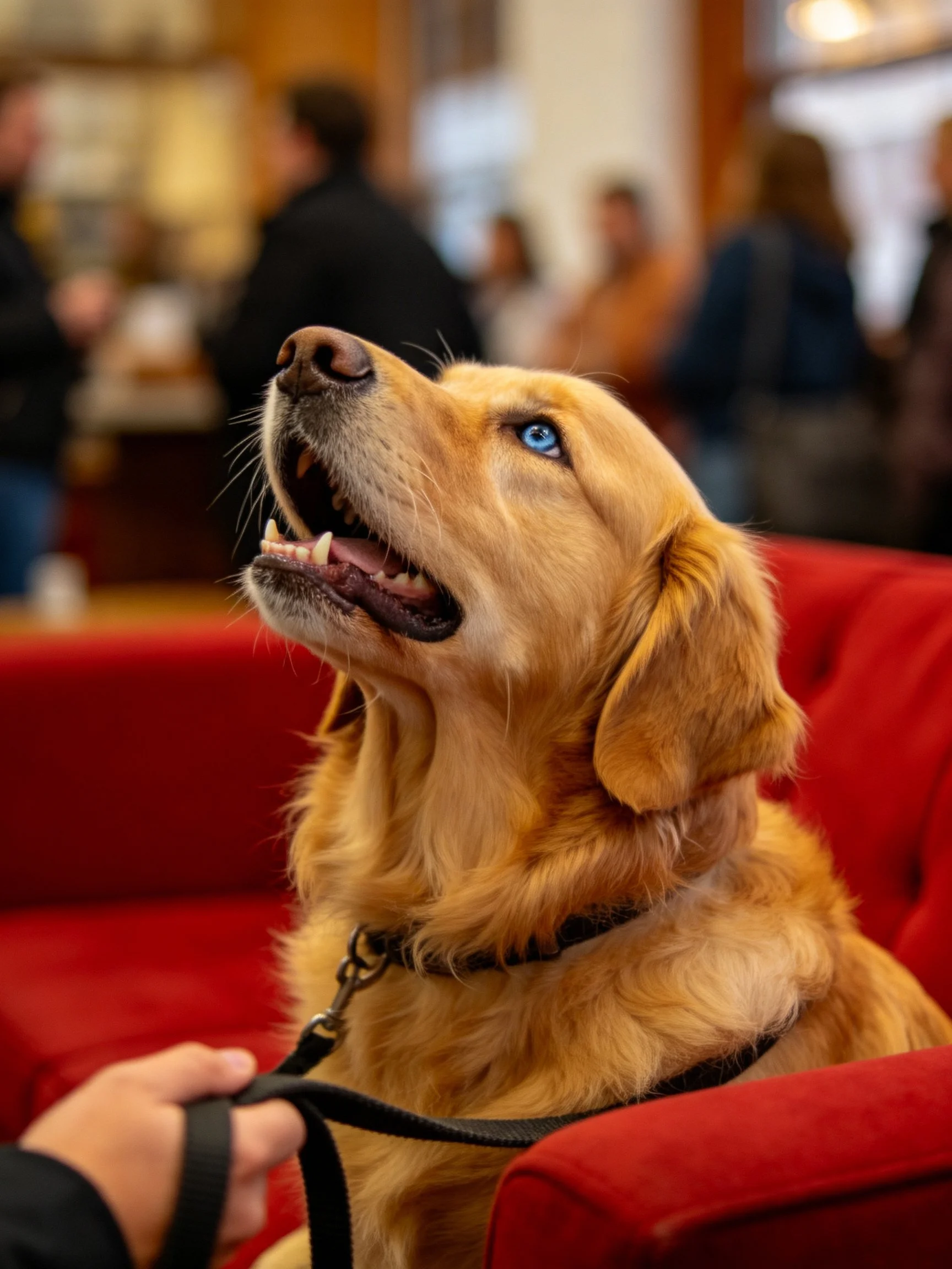 Golden retriever with blue eyes sits on a red chair in a busy indoor space.
