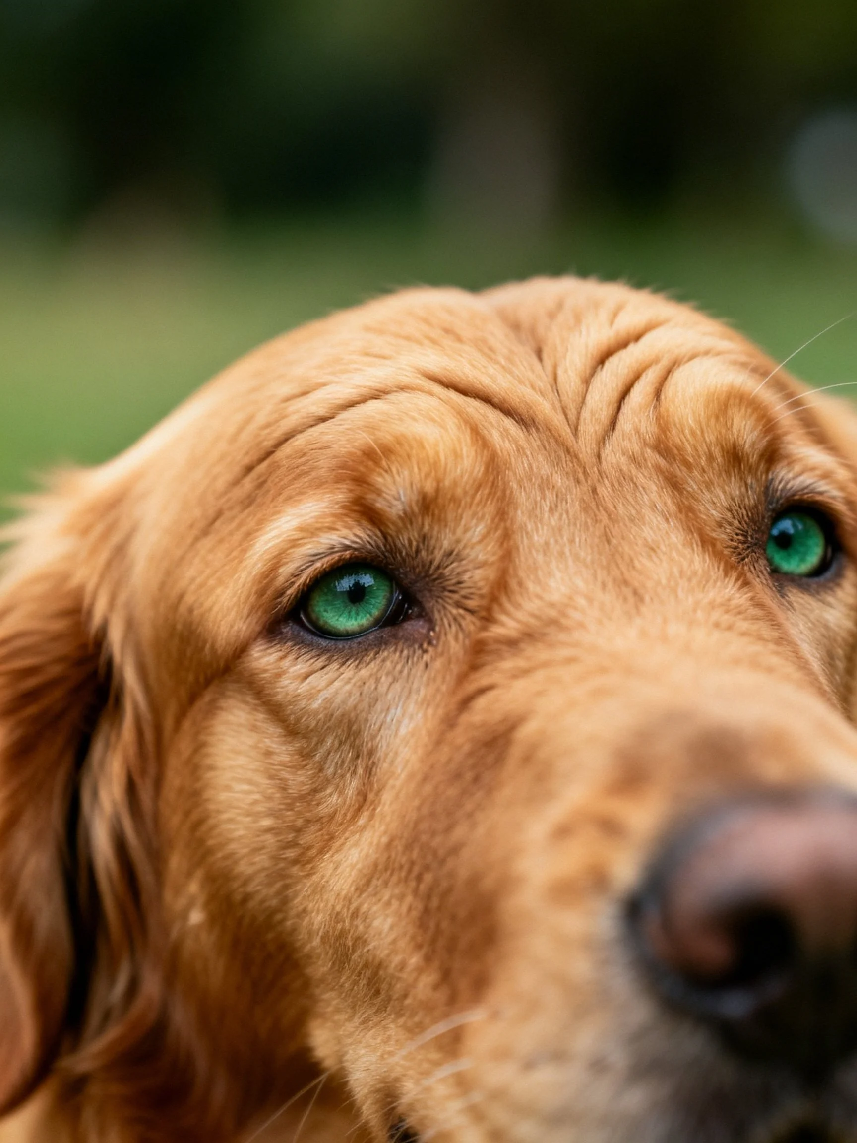 Golden retriever gazes calmly with bright green eyes in a blurred natural setting.