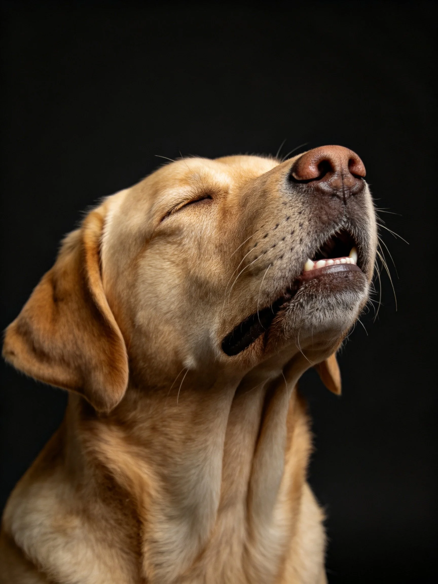 Golden retriever with closed eyes, relaxed expression, dark background
