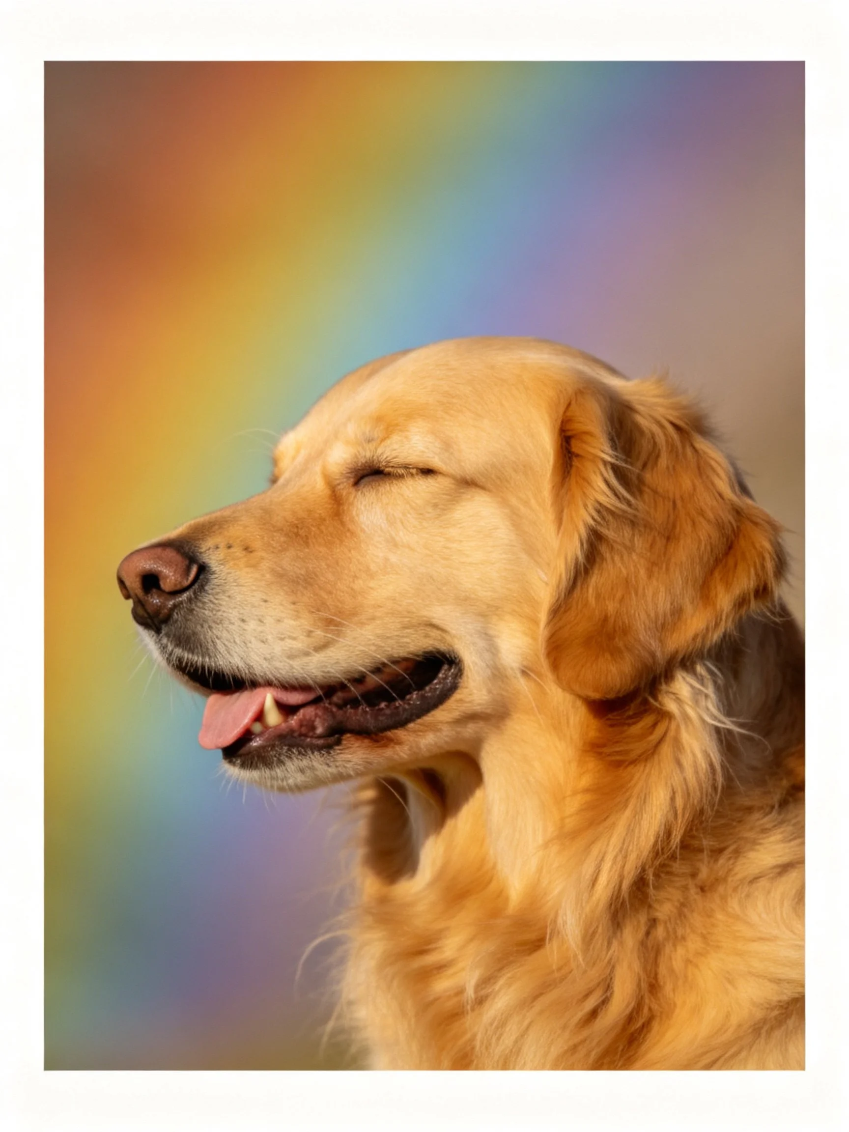 A golden retriever relaxes with closed eyes and tongue out against a vibrant backdrop.