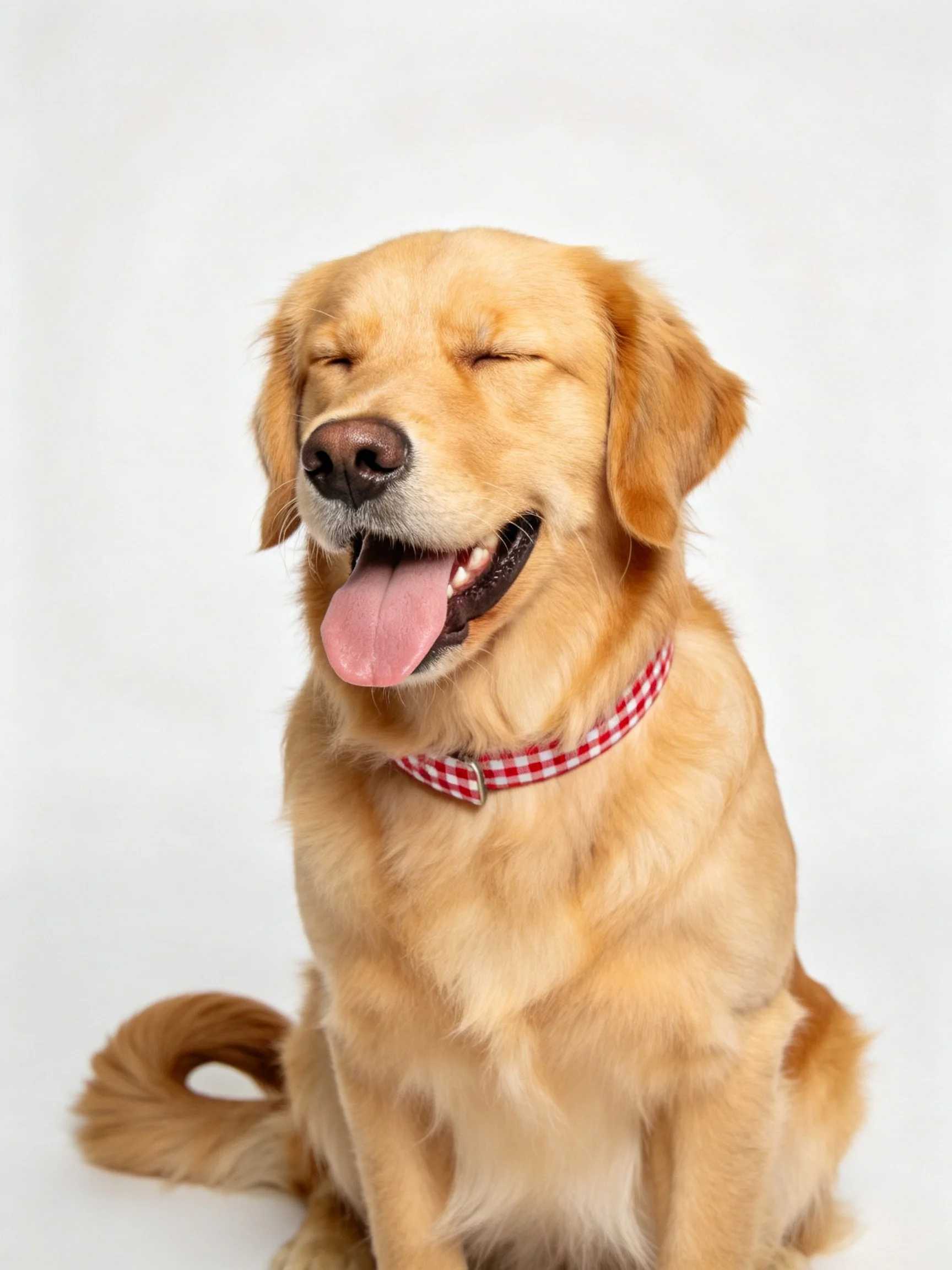 Golden retriever with closed eyes wearing red checkered collar