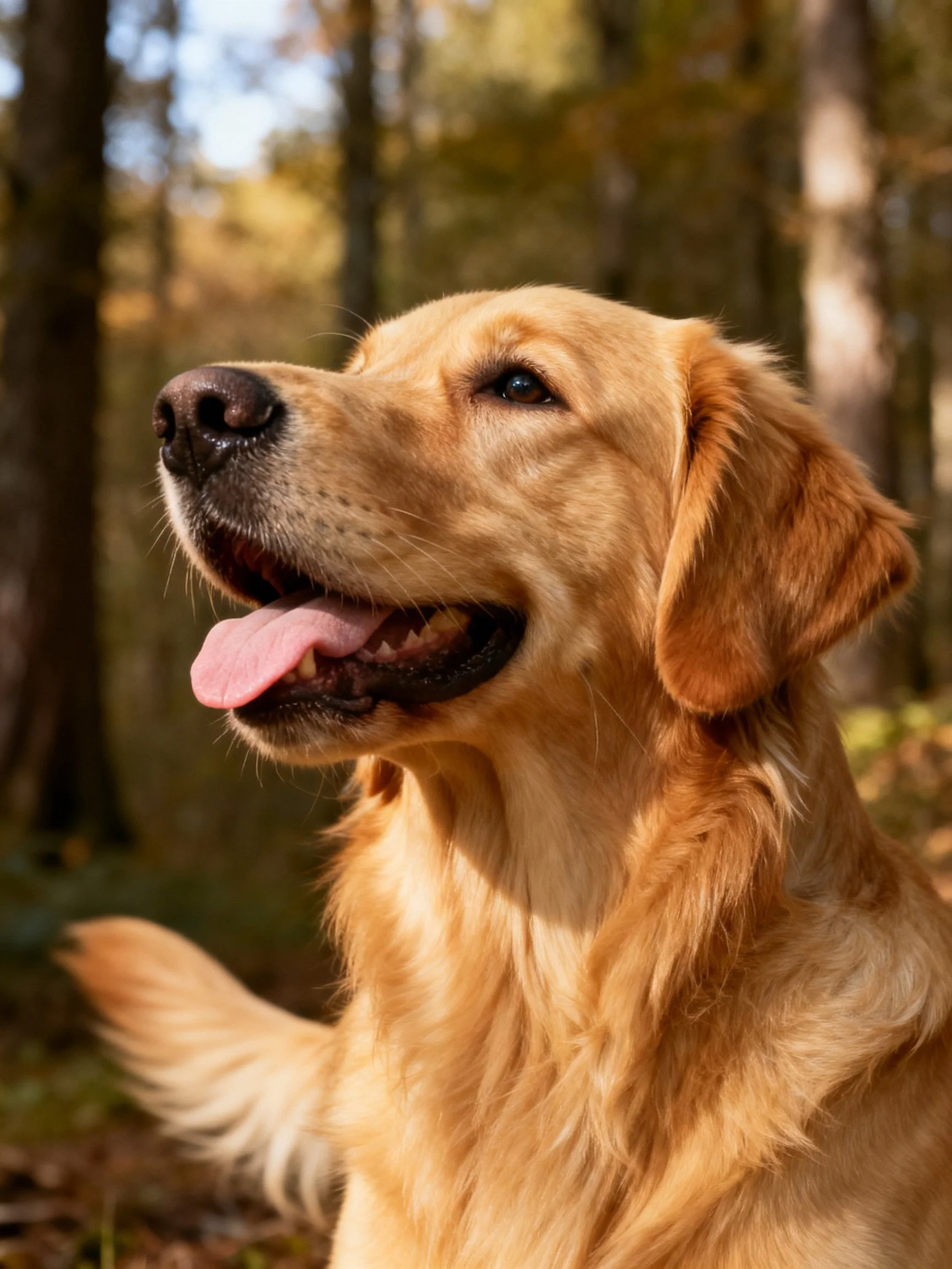 A golden retriever relaxes in a sunlit forest setting.
