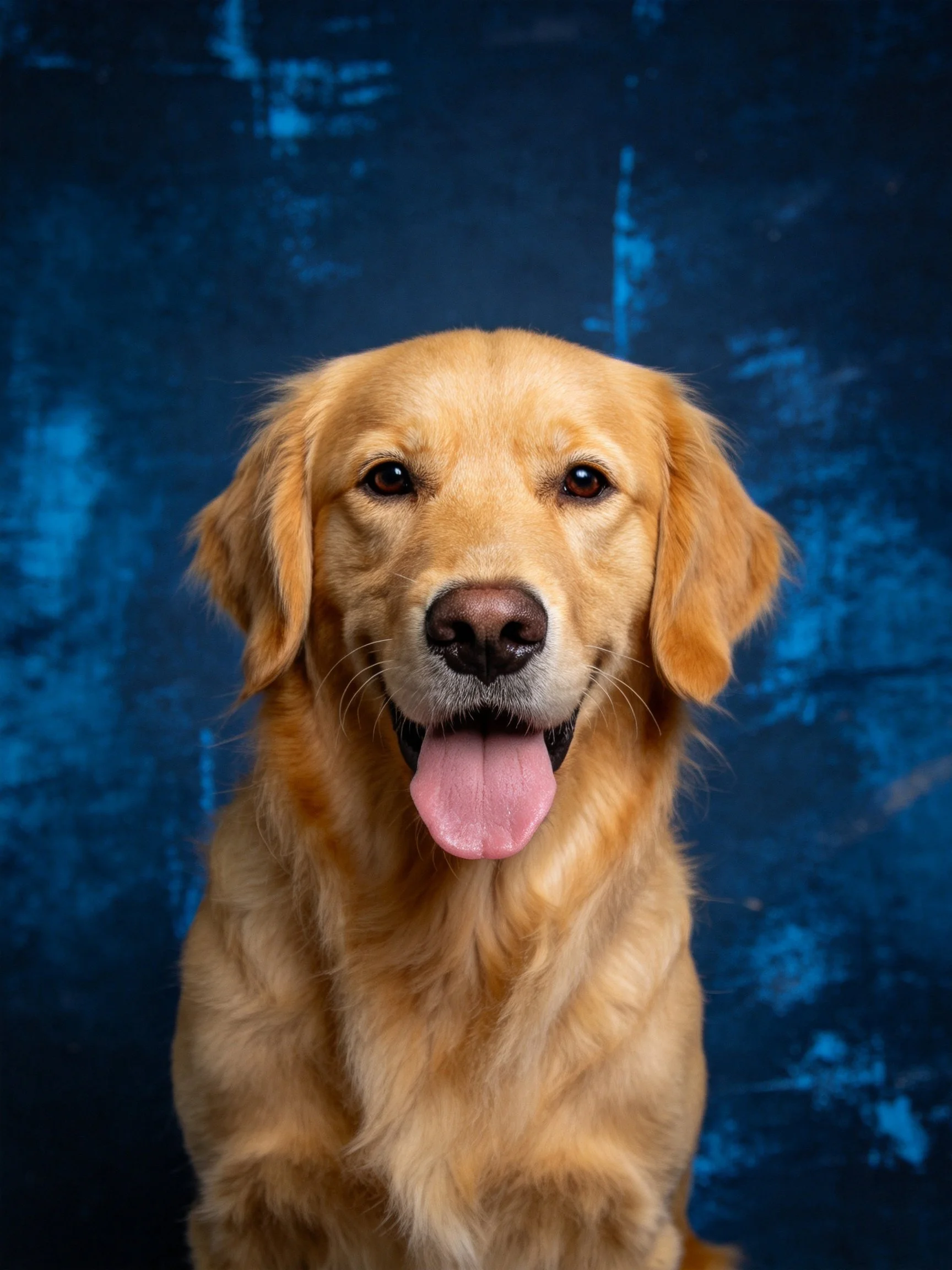 A golden retriever with its tongue out stands before a dark blue textured background.