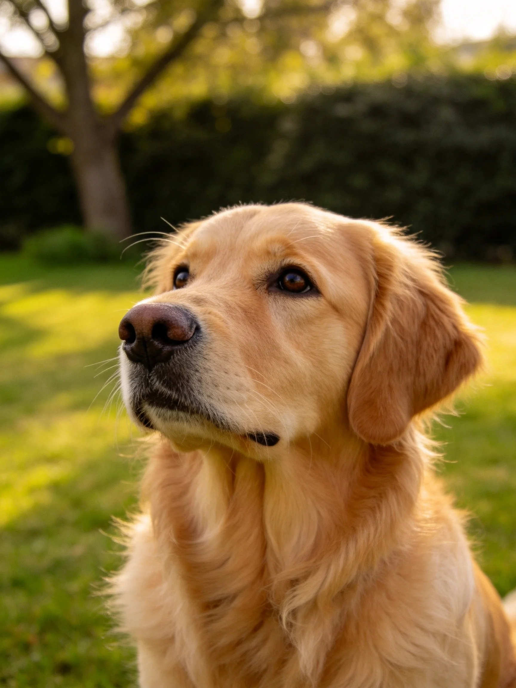 A golden retriever is depicted outdoors in a sunlit area surrounded by greenery.