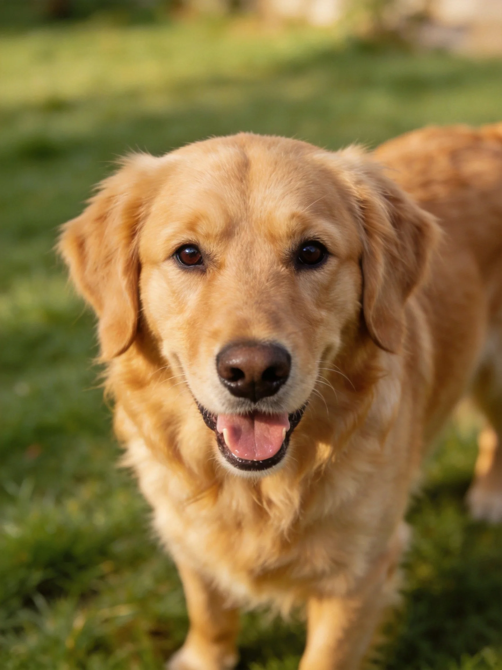 Golden retriever stands happily amid green grass in an outdoor area.
