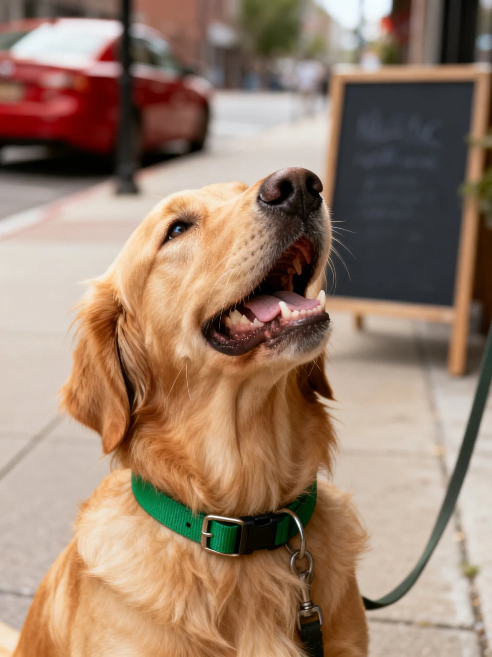 Golden retriever looks upward on a city sidewalk beside a red car