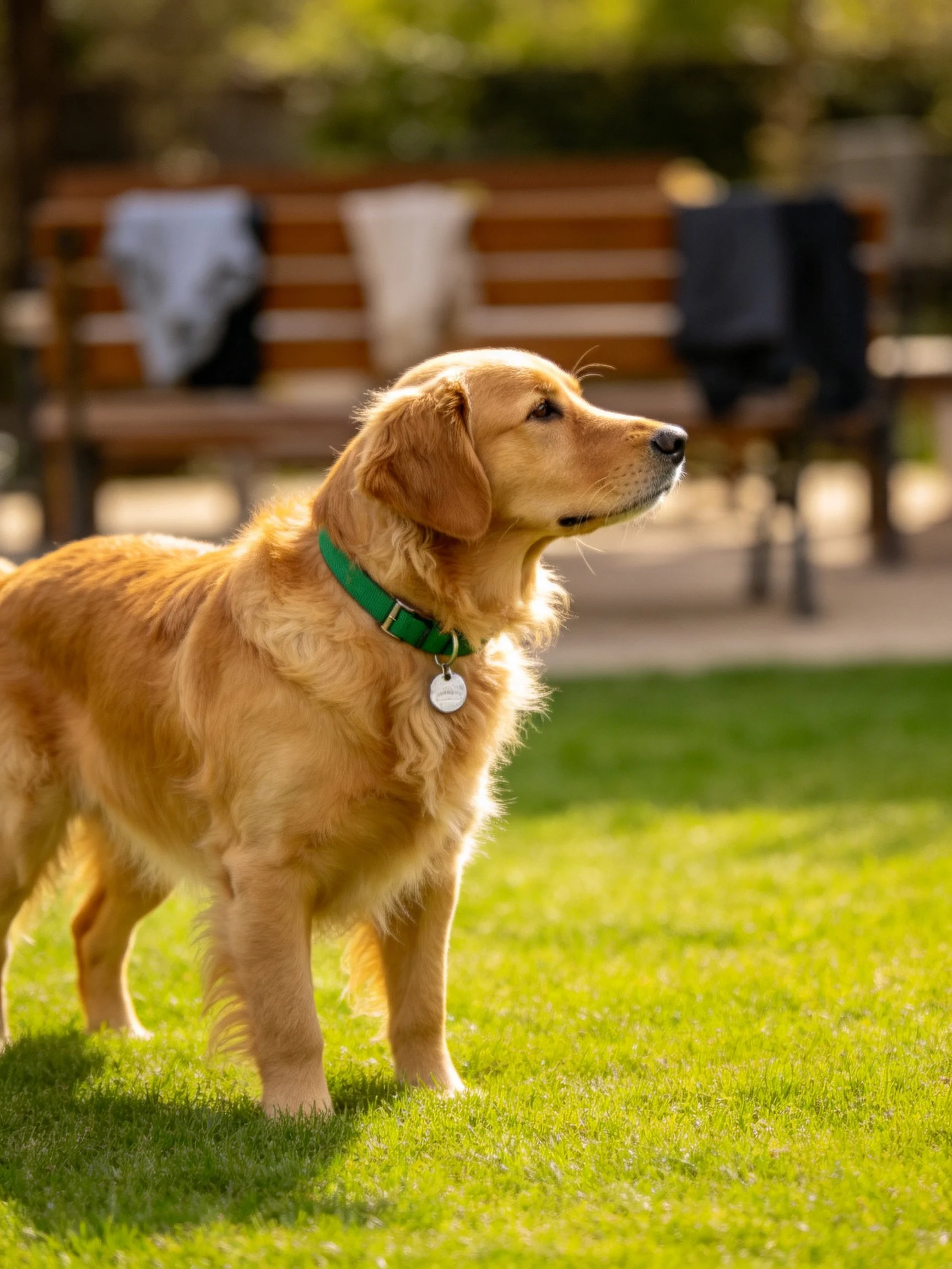 Golden retriever stands on grass near wooden benches in a sunny park.