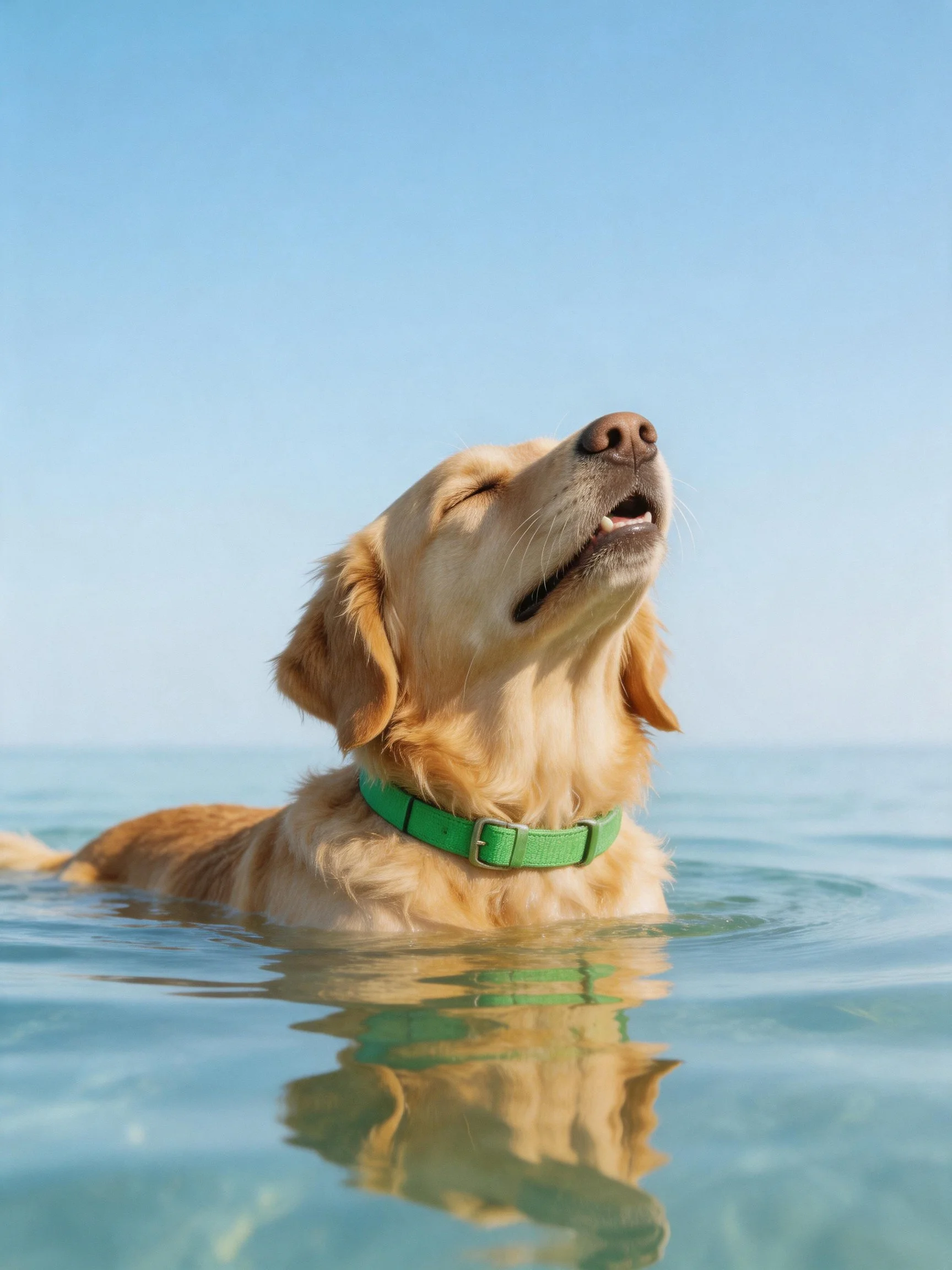 Golden retriever with green collar enjoys swimming in calm blue water.