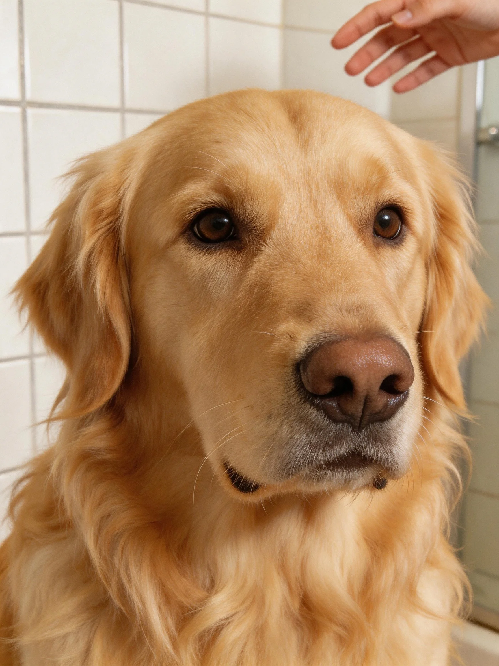 Golden retriever remains calm as a hand approaches its head, with tiled walls behind.