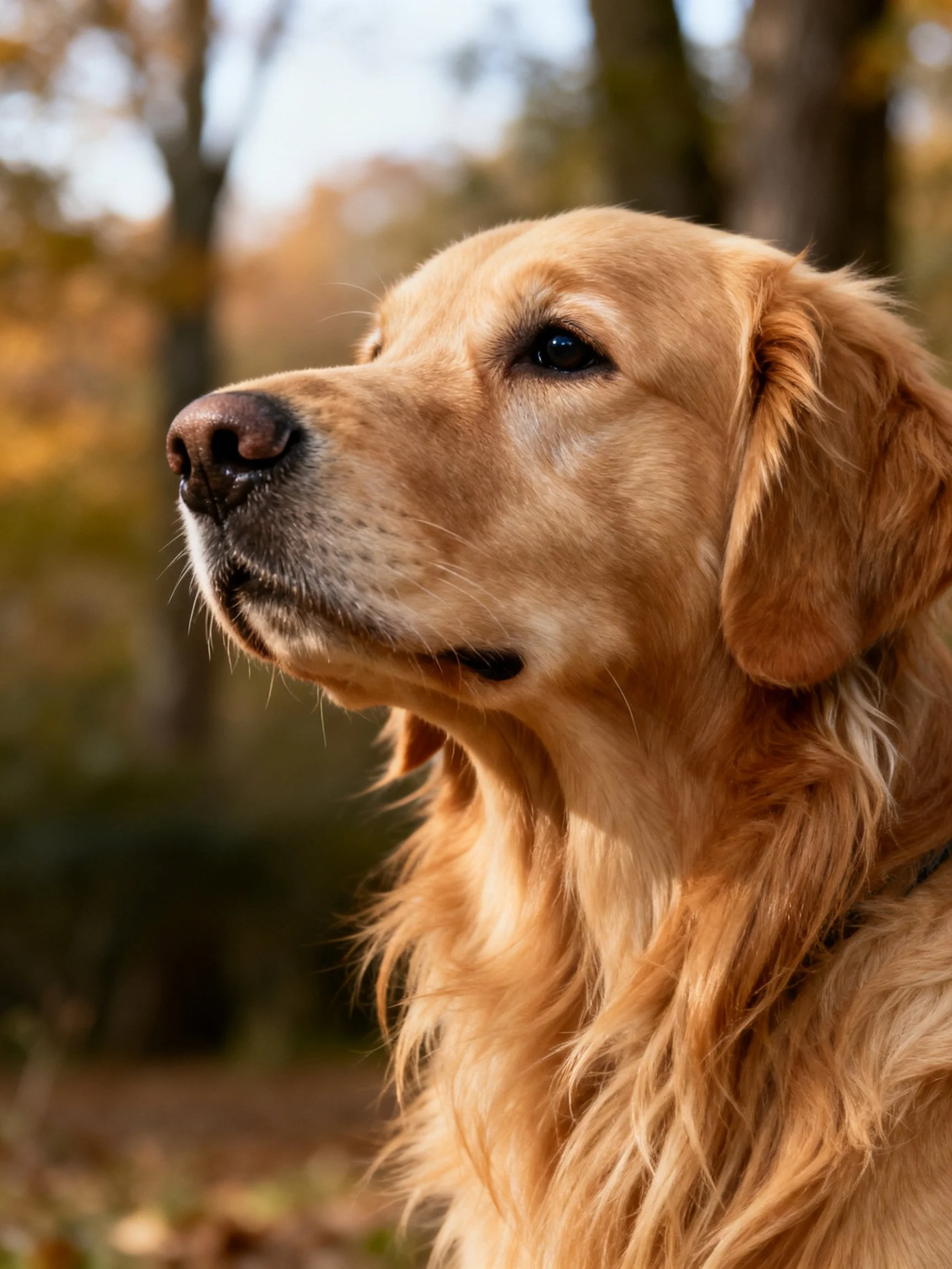 Golden retriever gazes attentively at something within a sunlit forest setting