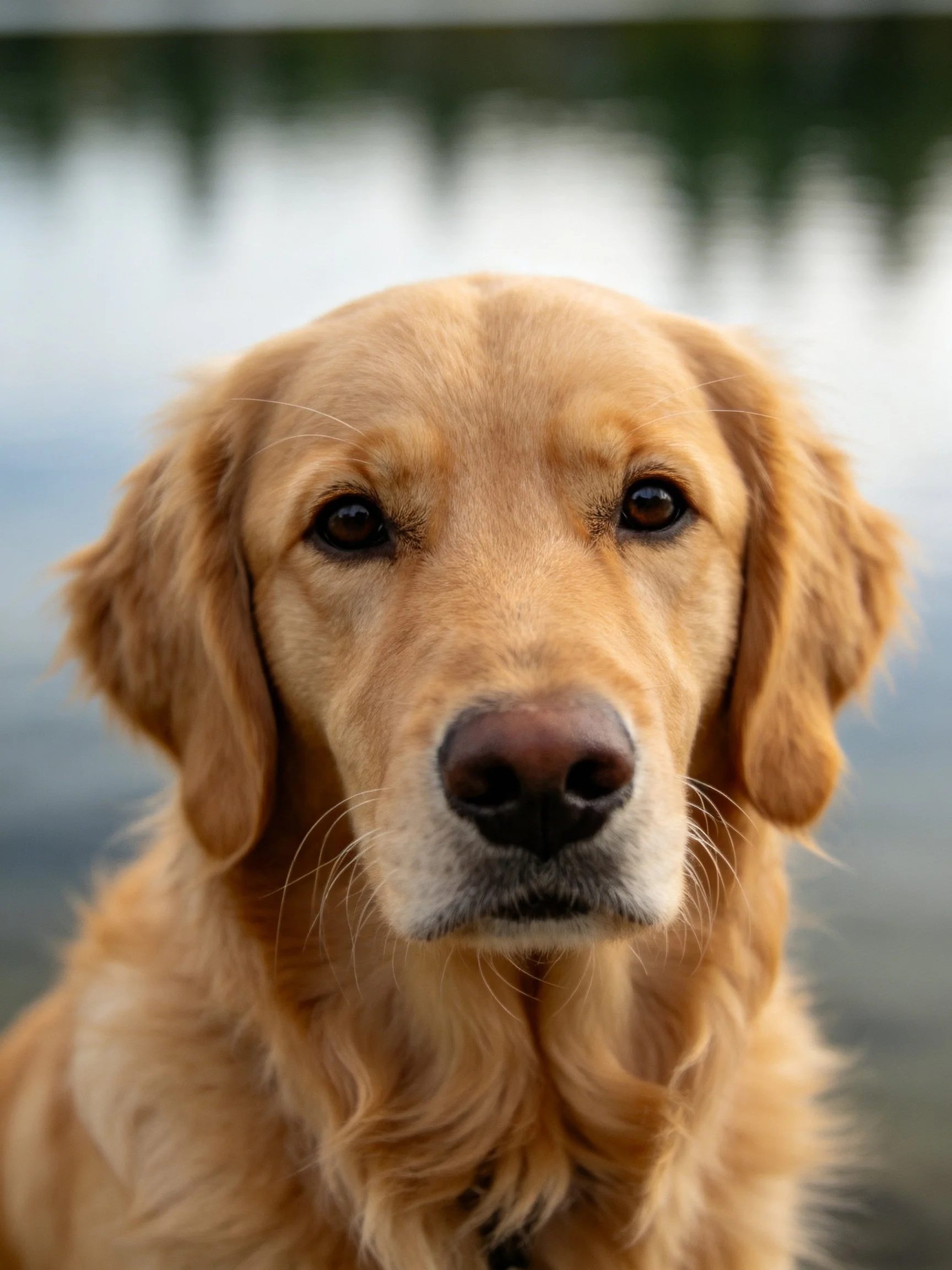 Golden retriever with long, wavy fur beside a blurred natural backdrop