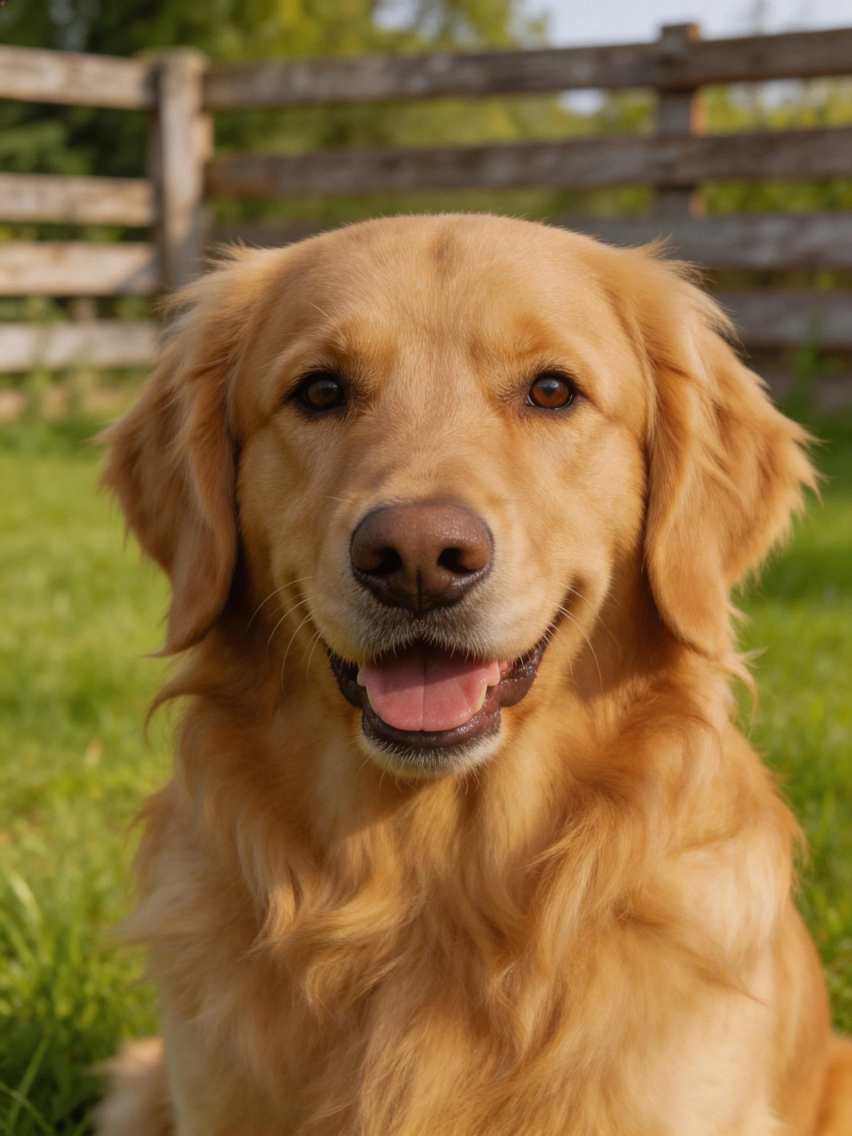 Golden retriever with long, wavy fur near a wooden fence