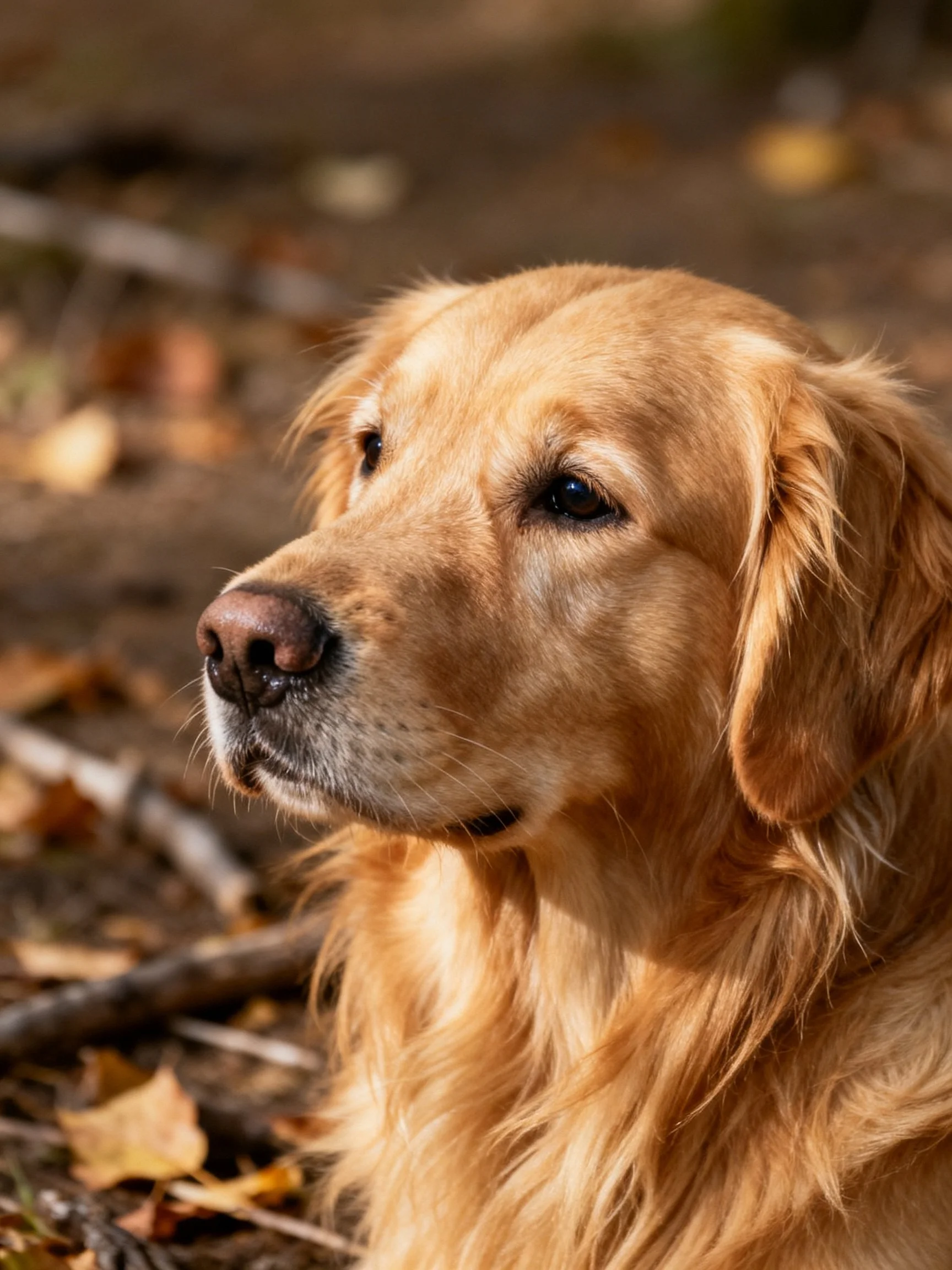 Golden retriever with long wavy fur near autumn leaves