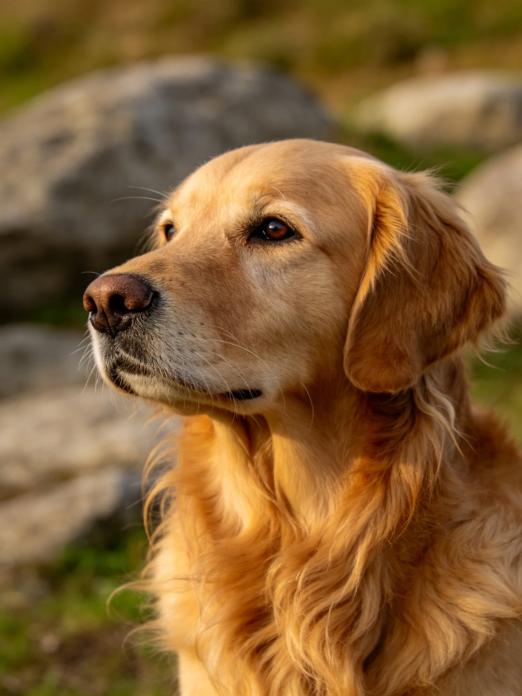 Golden retriever with long, wavy fur near large rocks in natural surroundings
