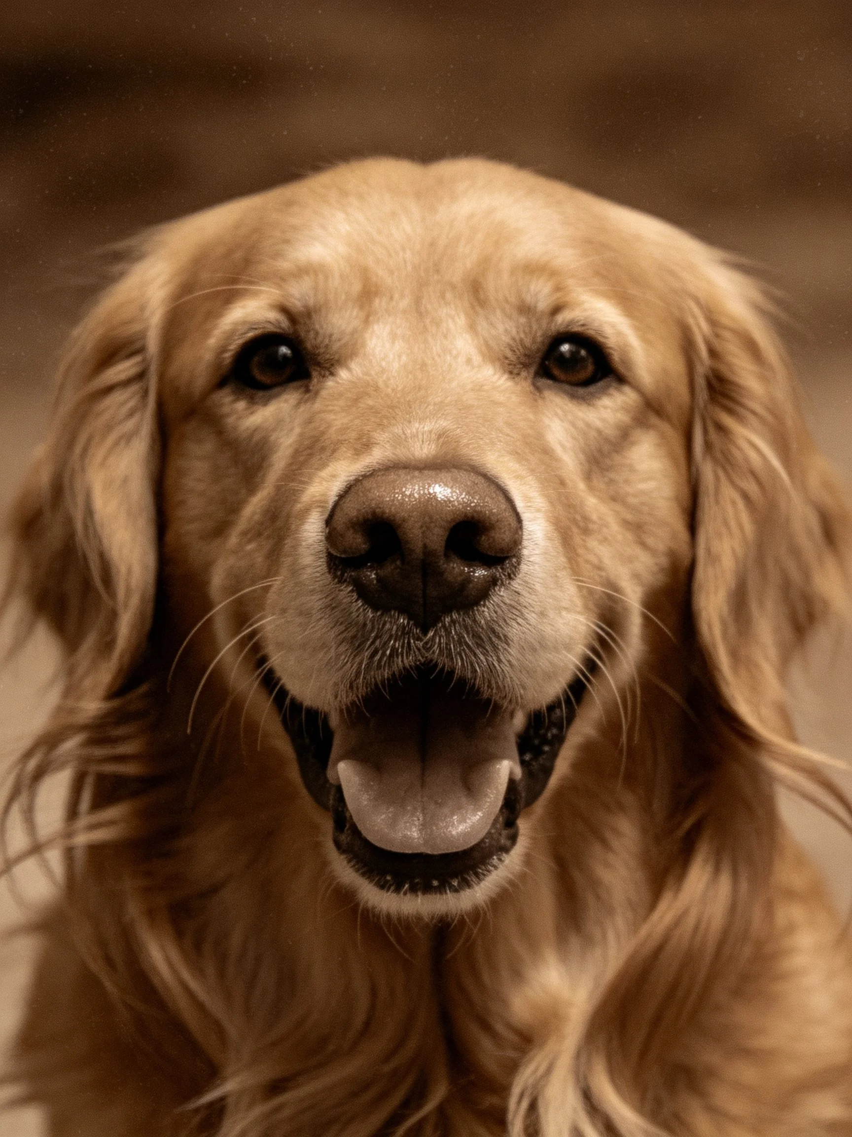 Golden retriever with long, wavy fur showing a happy expression