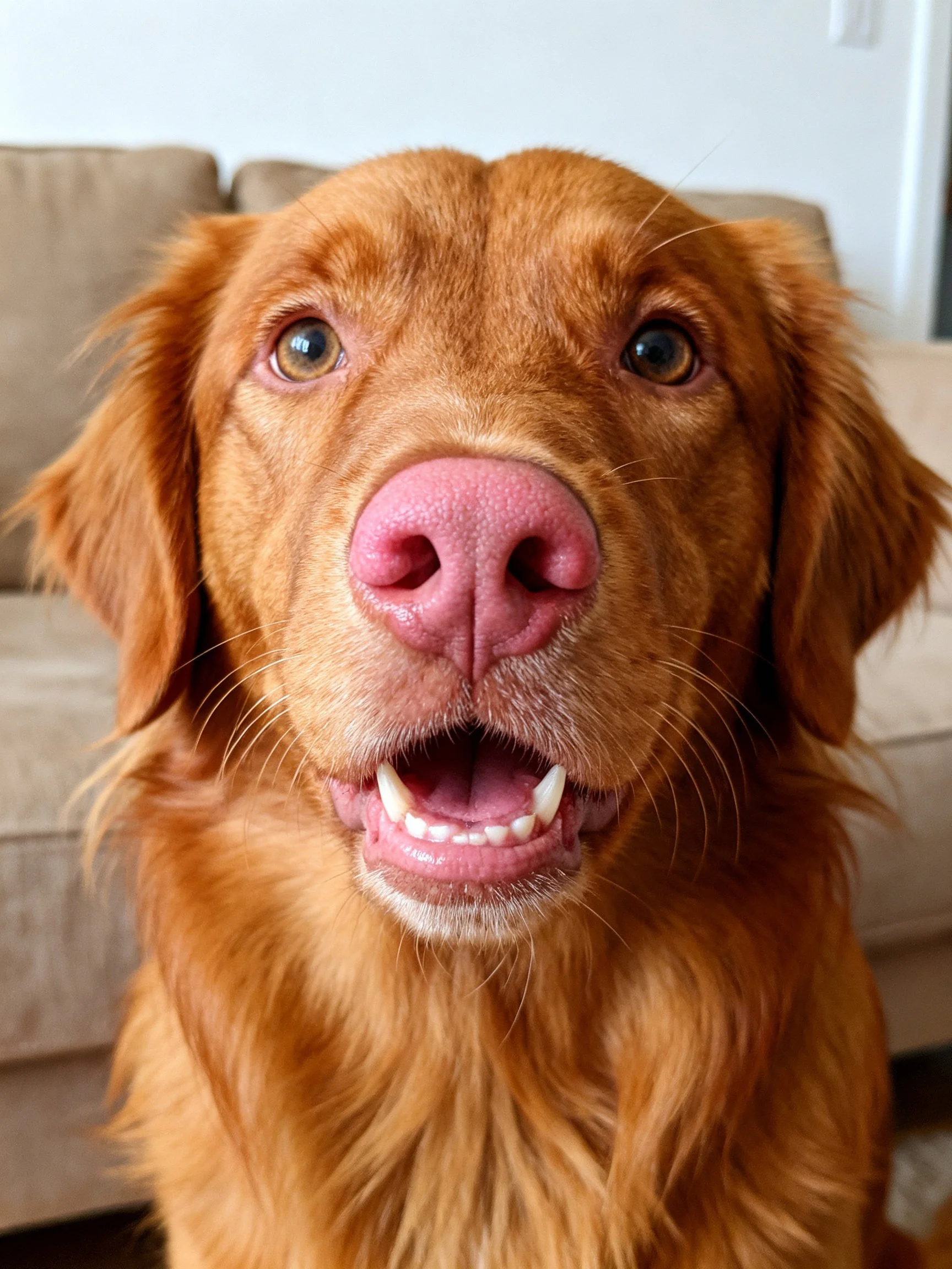 Golden retriever with pink nose and open mouth near beige couch