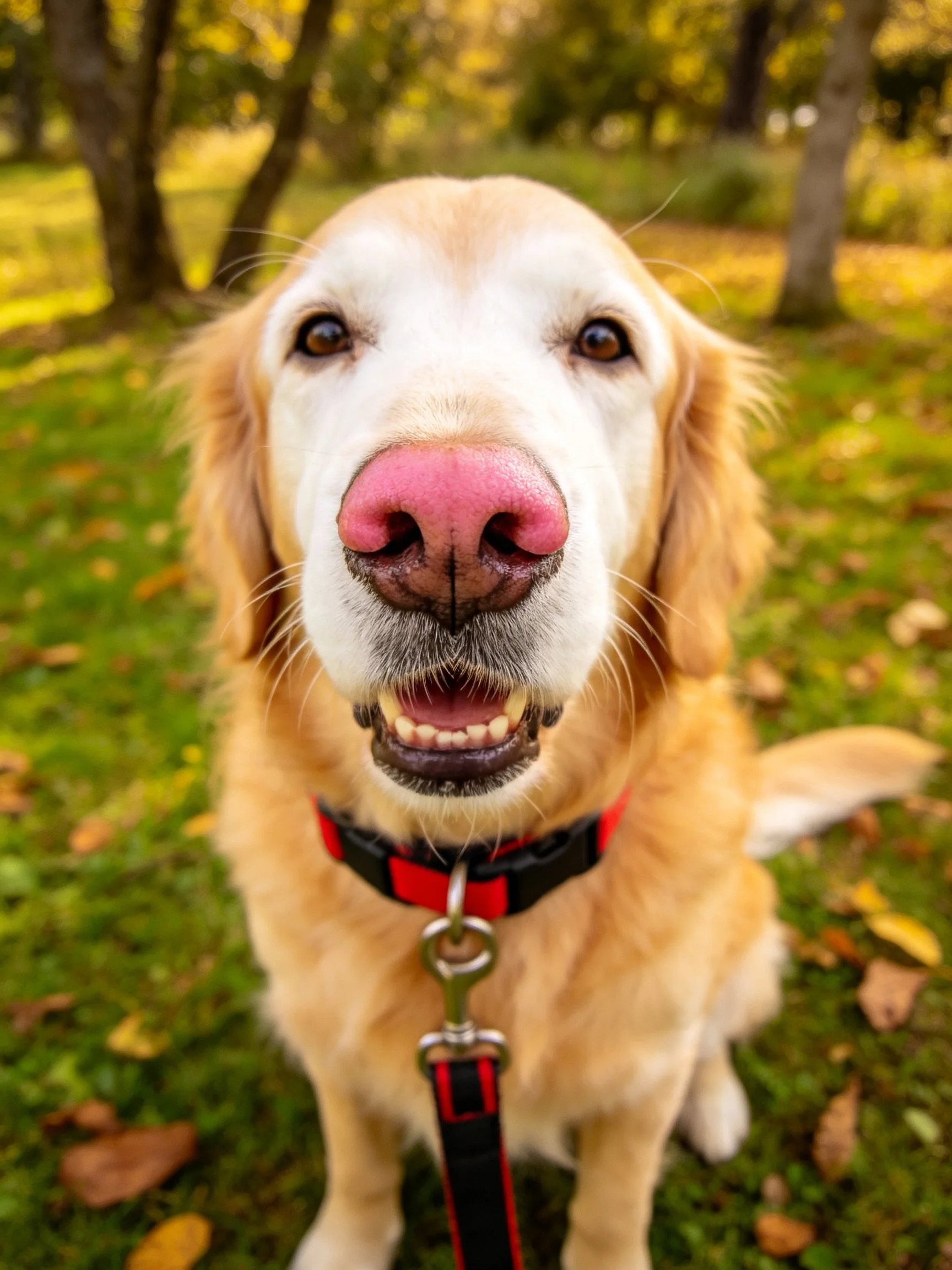 A golden retriever with a pink nose sits on grass amid autumn foliage.