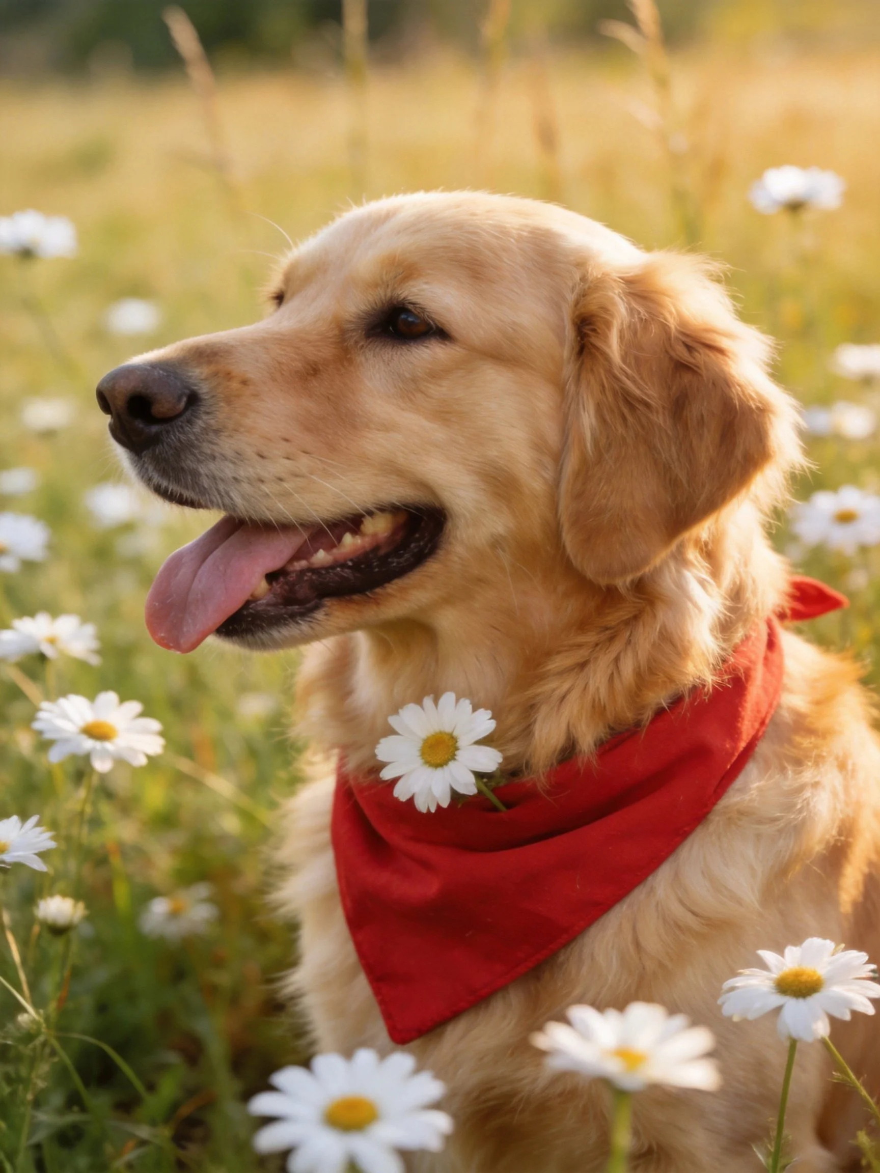 Golden retriever with red bandana among daisies in sunlit meadow