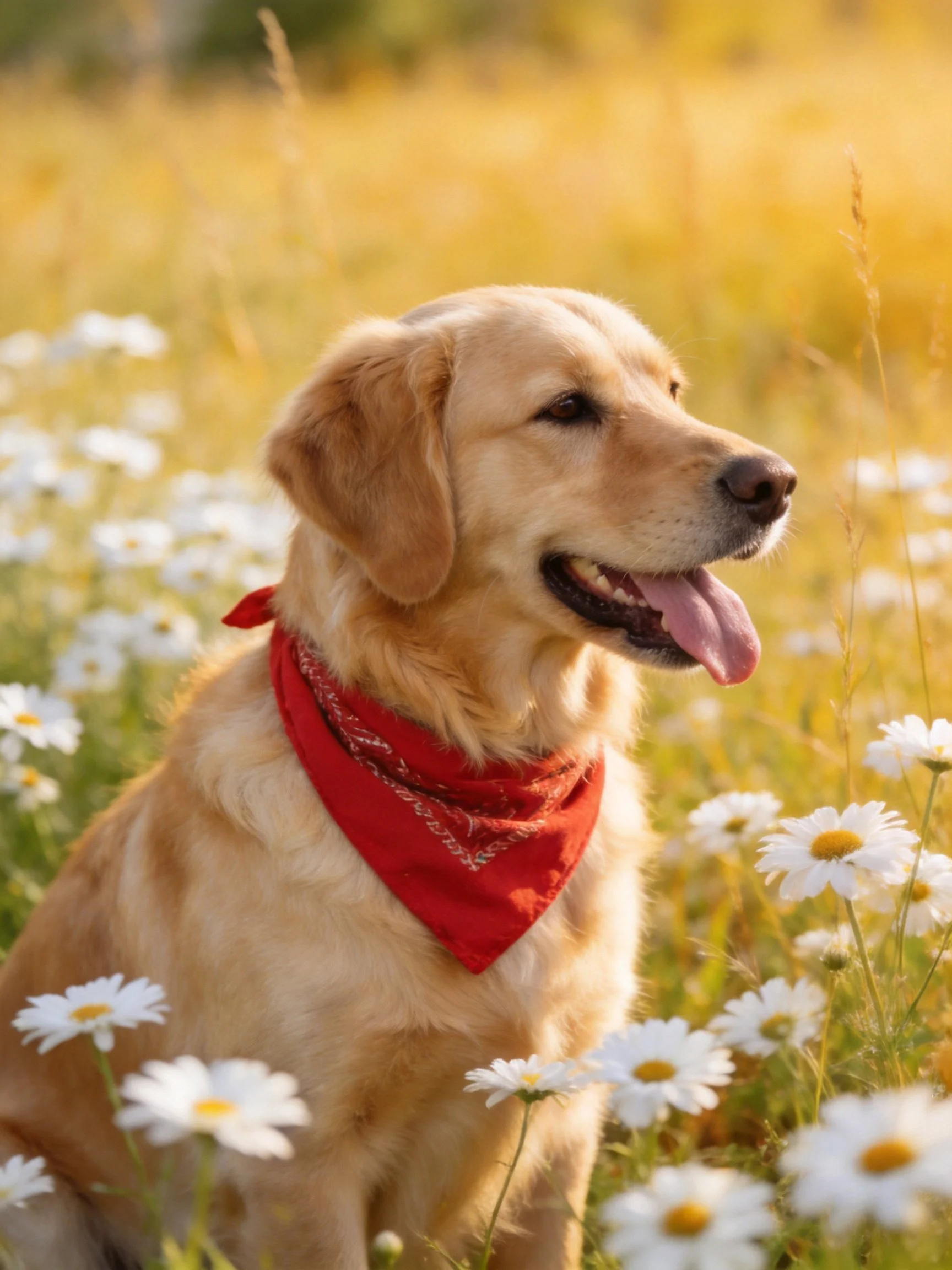 Golden retriever with red bandana among white daisies in sunlit field
