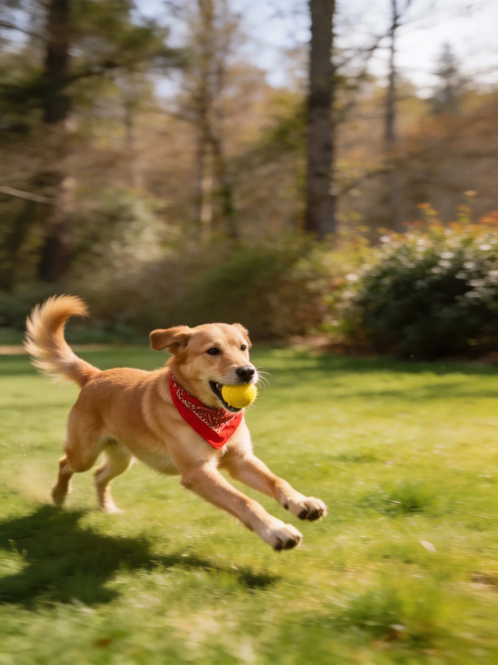 Golden retriever with red bandana chases yellow ball on grass