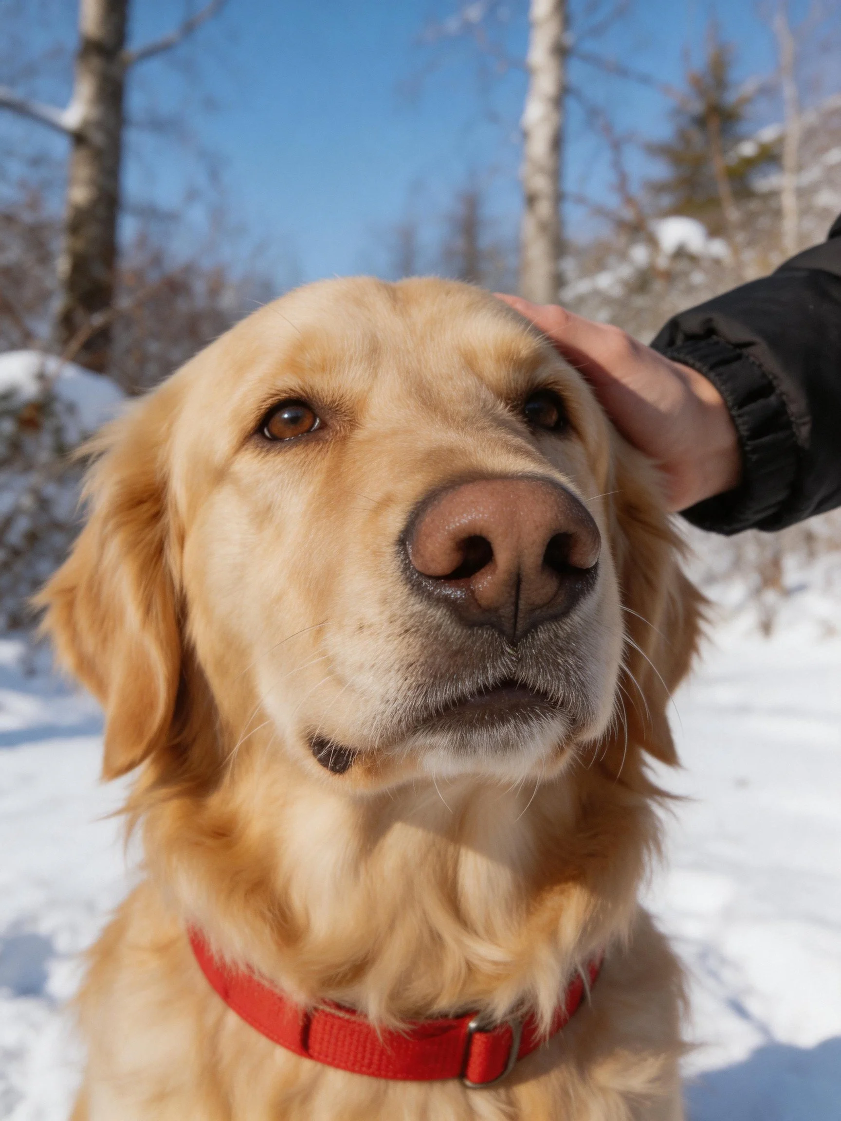 Golden retriever with red collar in snowy forest, hand petting