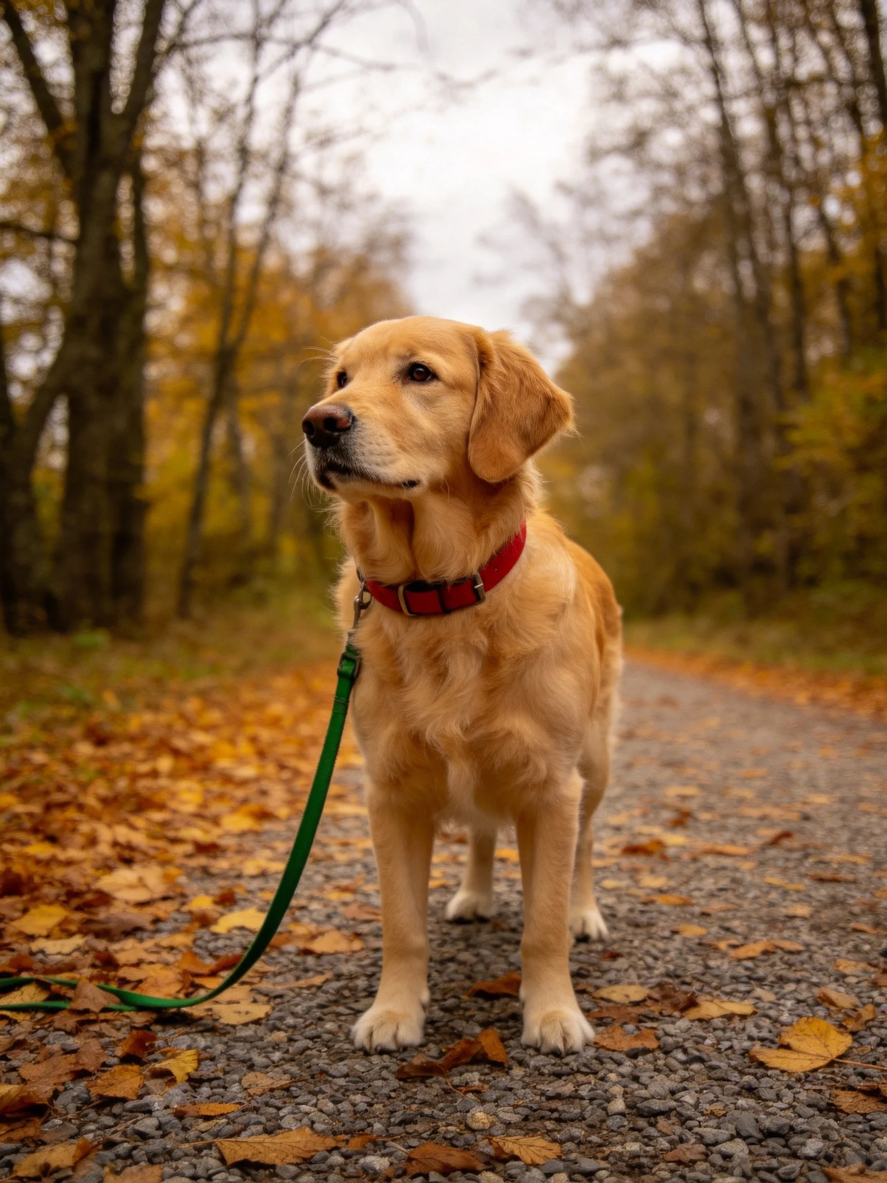 Golden retriever with red collar on leaf-covered gravel path in autumn forest