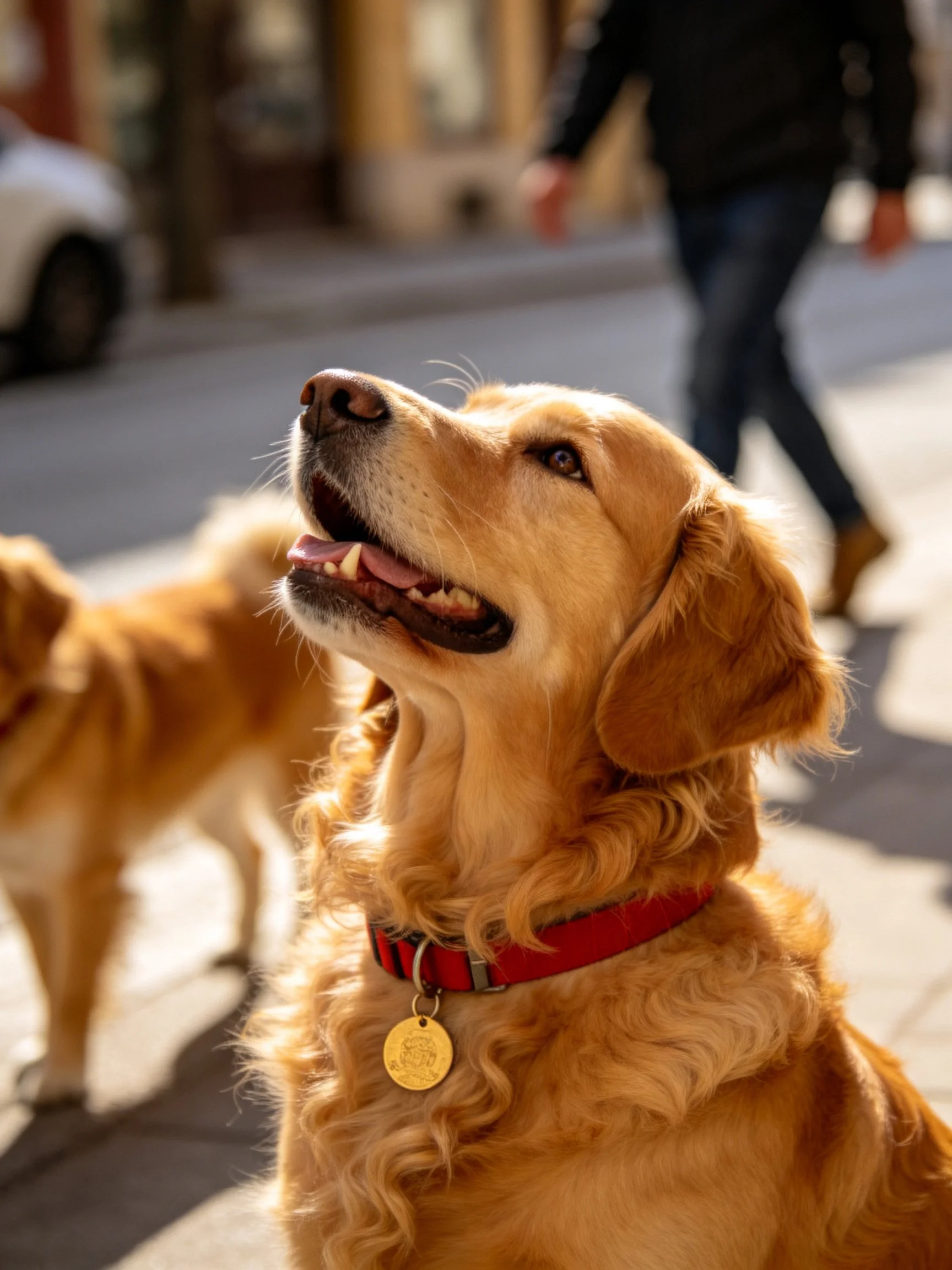 Golden retriever with red collar on sunlit city street