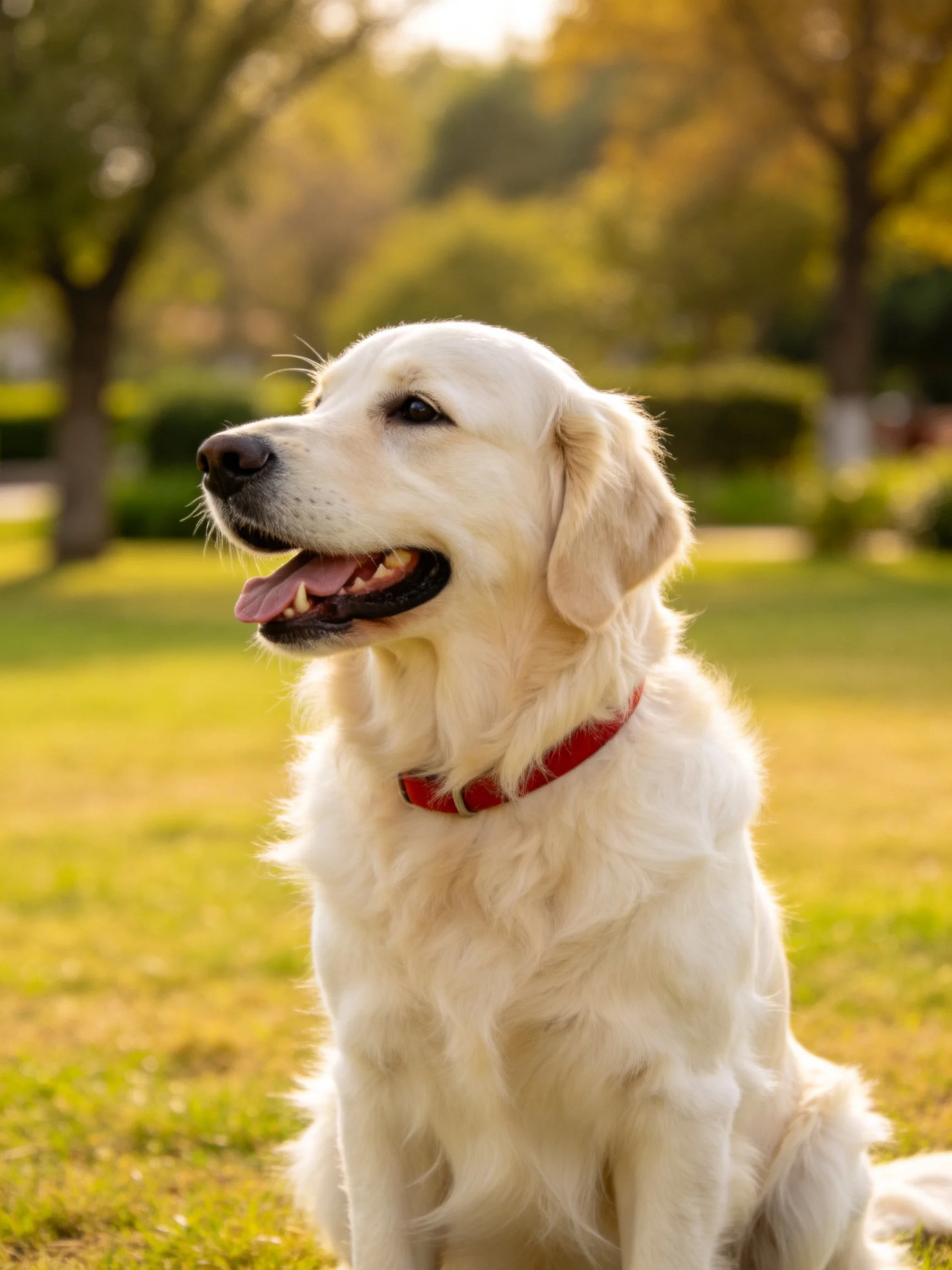 A golden retriever with a red collar rests peacefully in a sunlit park.