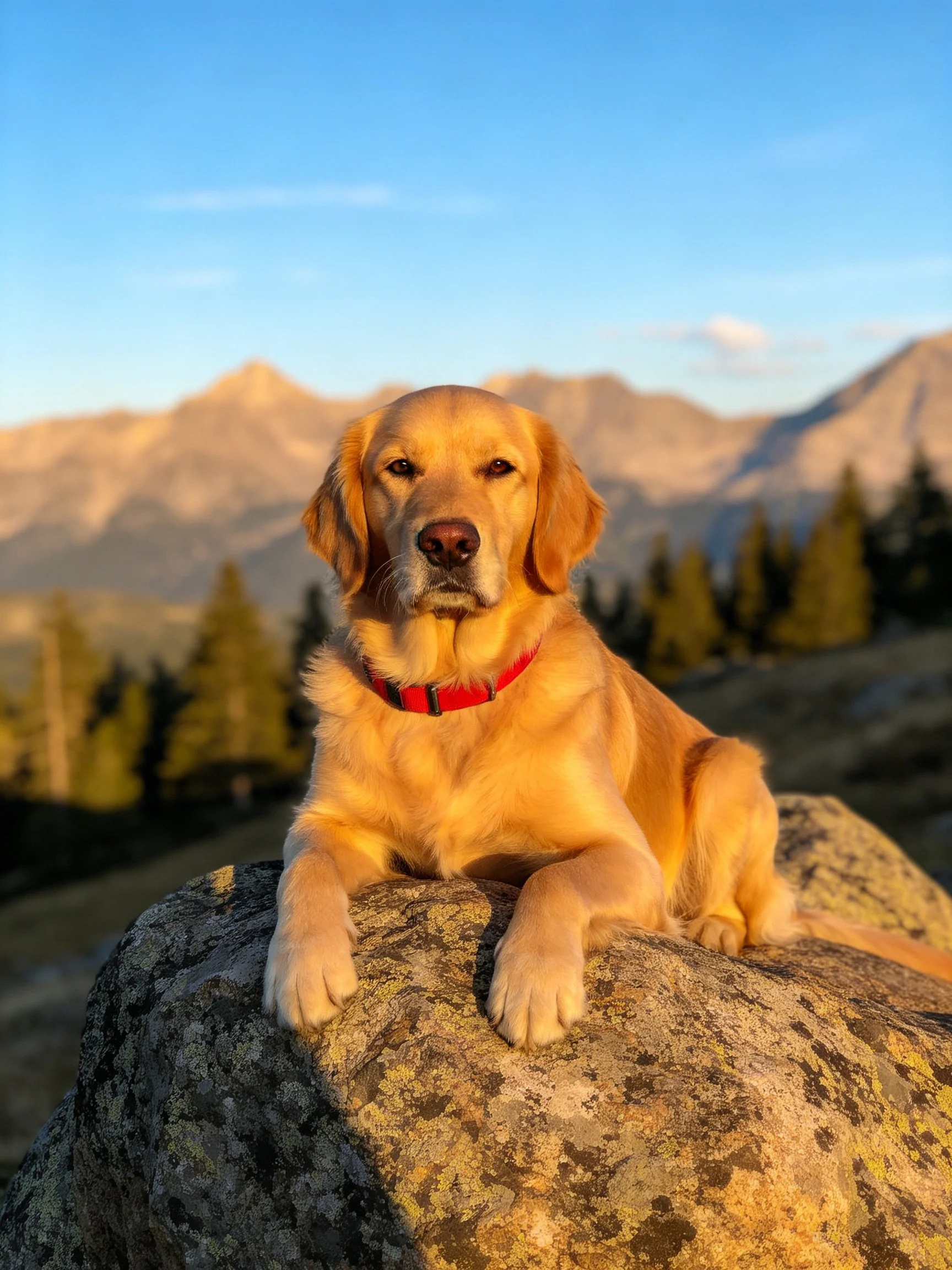 Golden retriever with red collar resting on a lichen-covered rock near mountain peaks