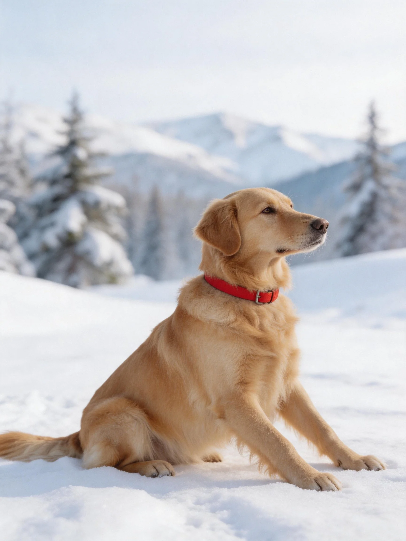 Golden retriever with red collar sits in snowy mountain landscape