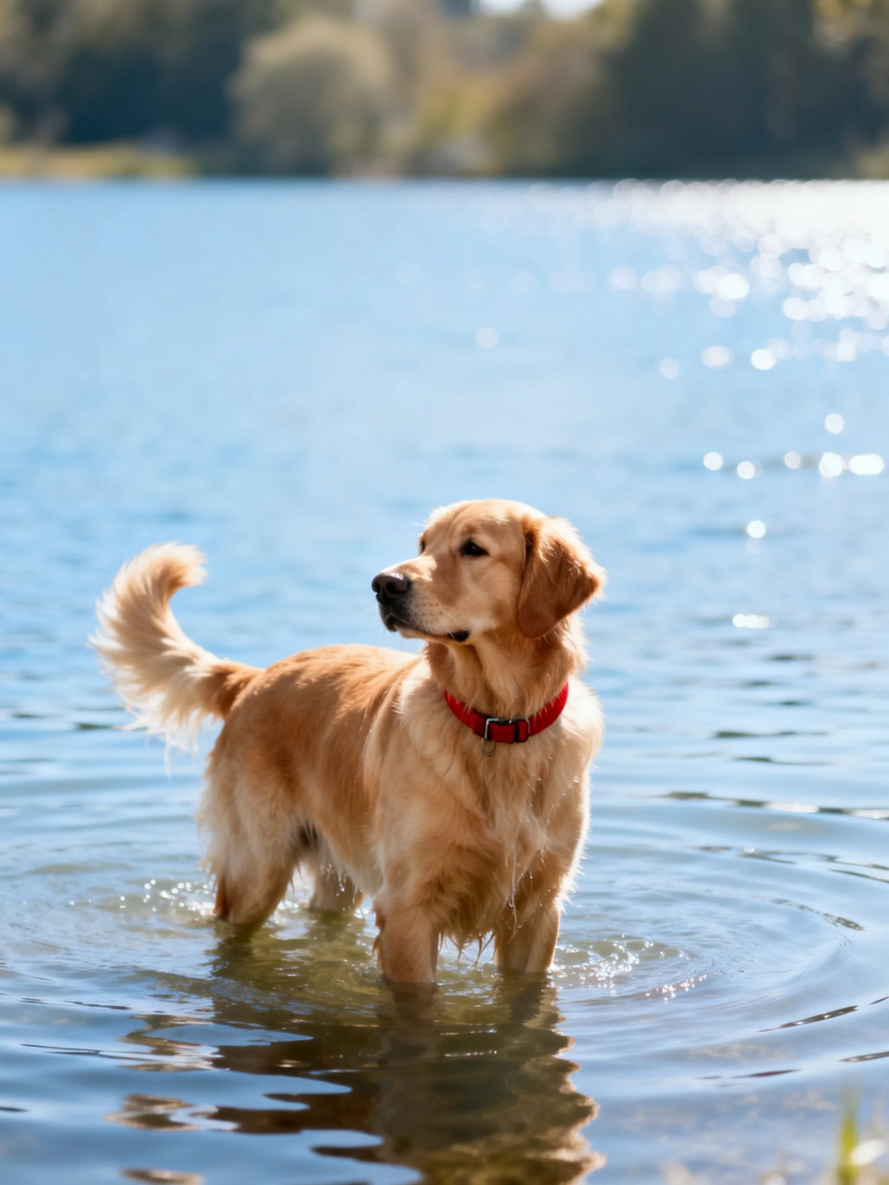 Golden retriever with red collar stands in clear lake water near shoreline