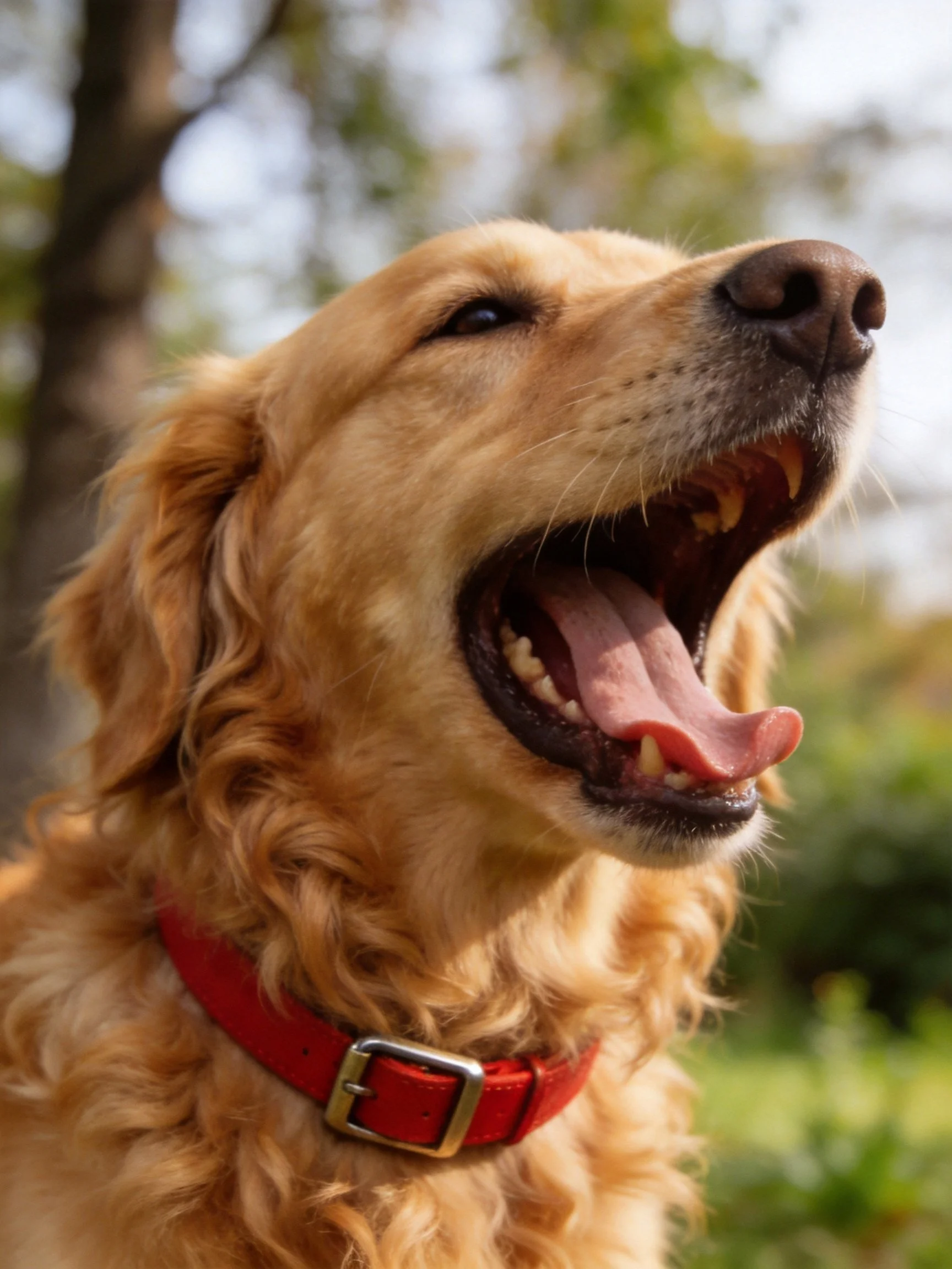 A golden retriever wears a red collar and yawns in an outdoor setting.