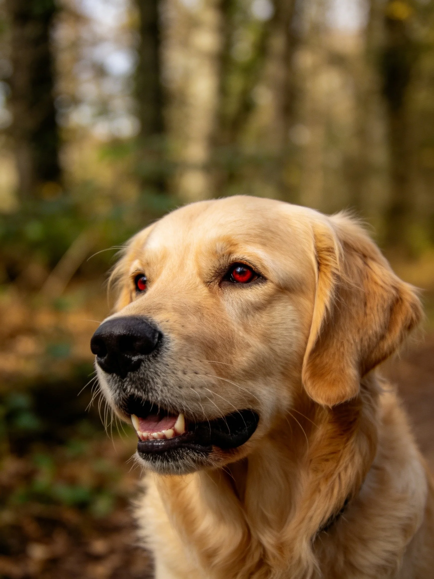 A golden retriever with red eyes is pictured in a forested outdoor setting.