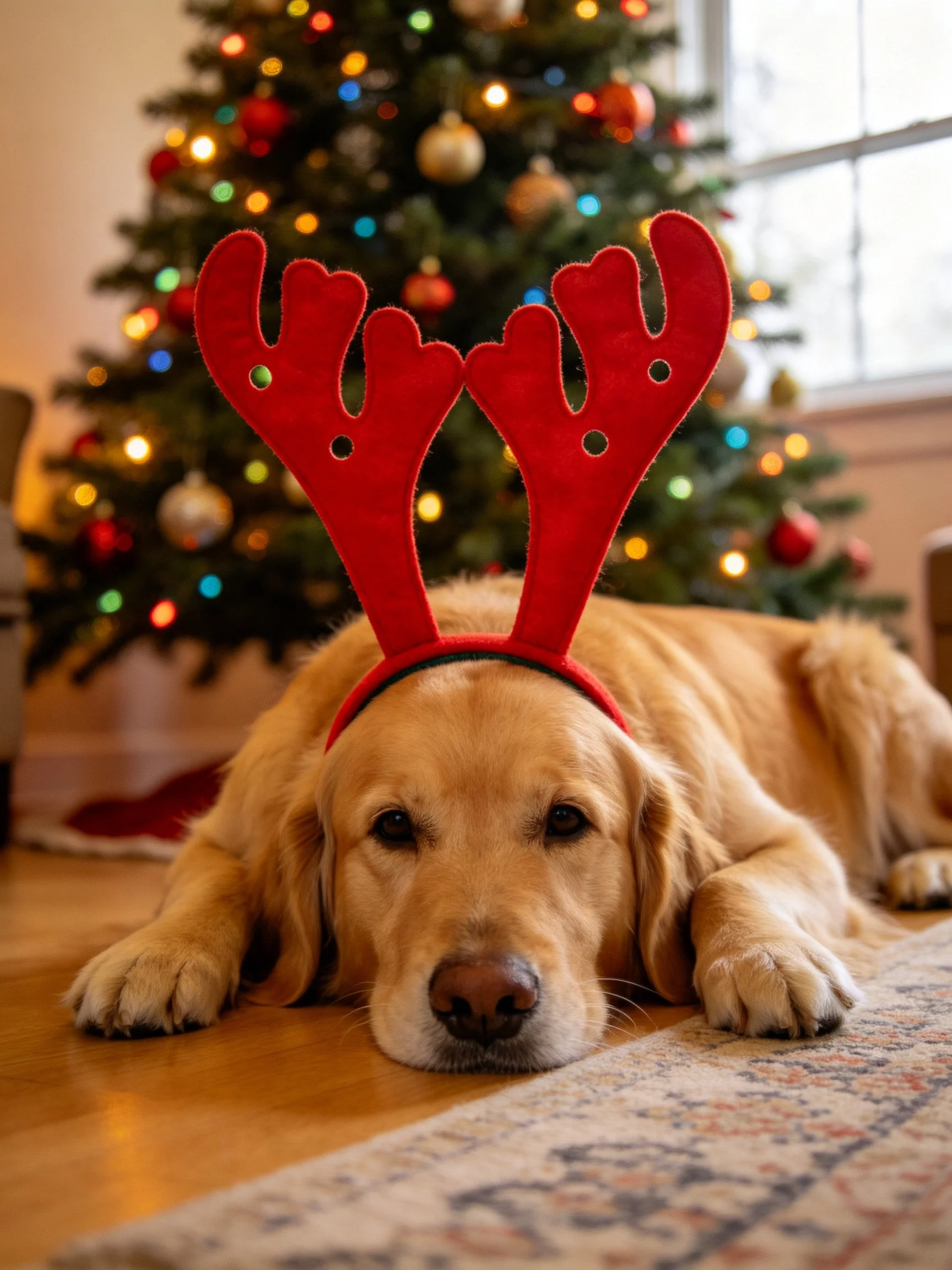 Golden retriever lies near decorated Christmas tree wearing red reindeer antlers