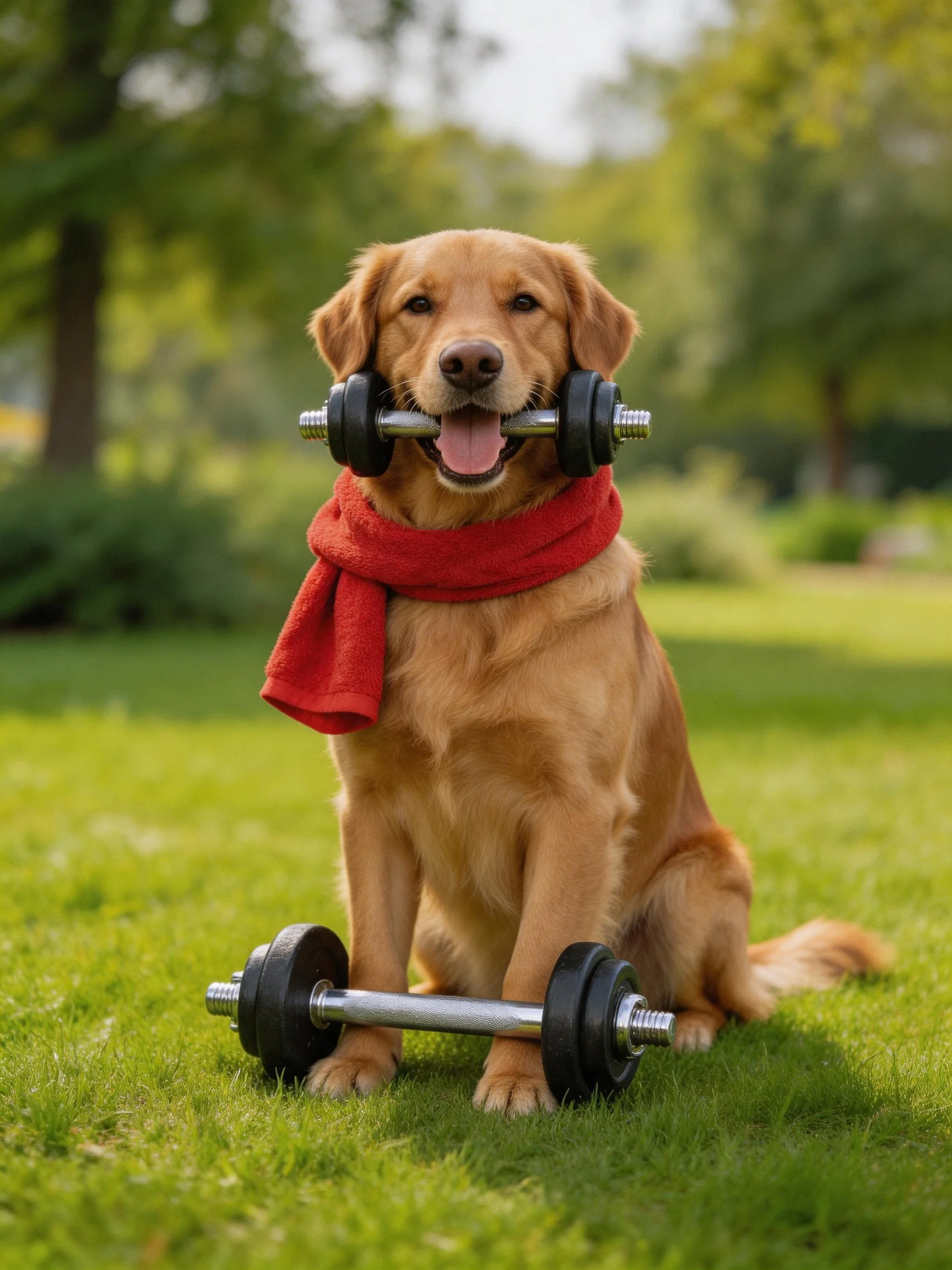 A golden retriever wearing a red scarf holds dumbbells on grass.