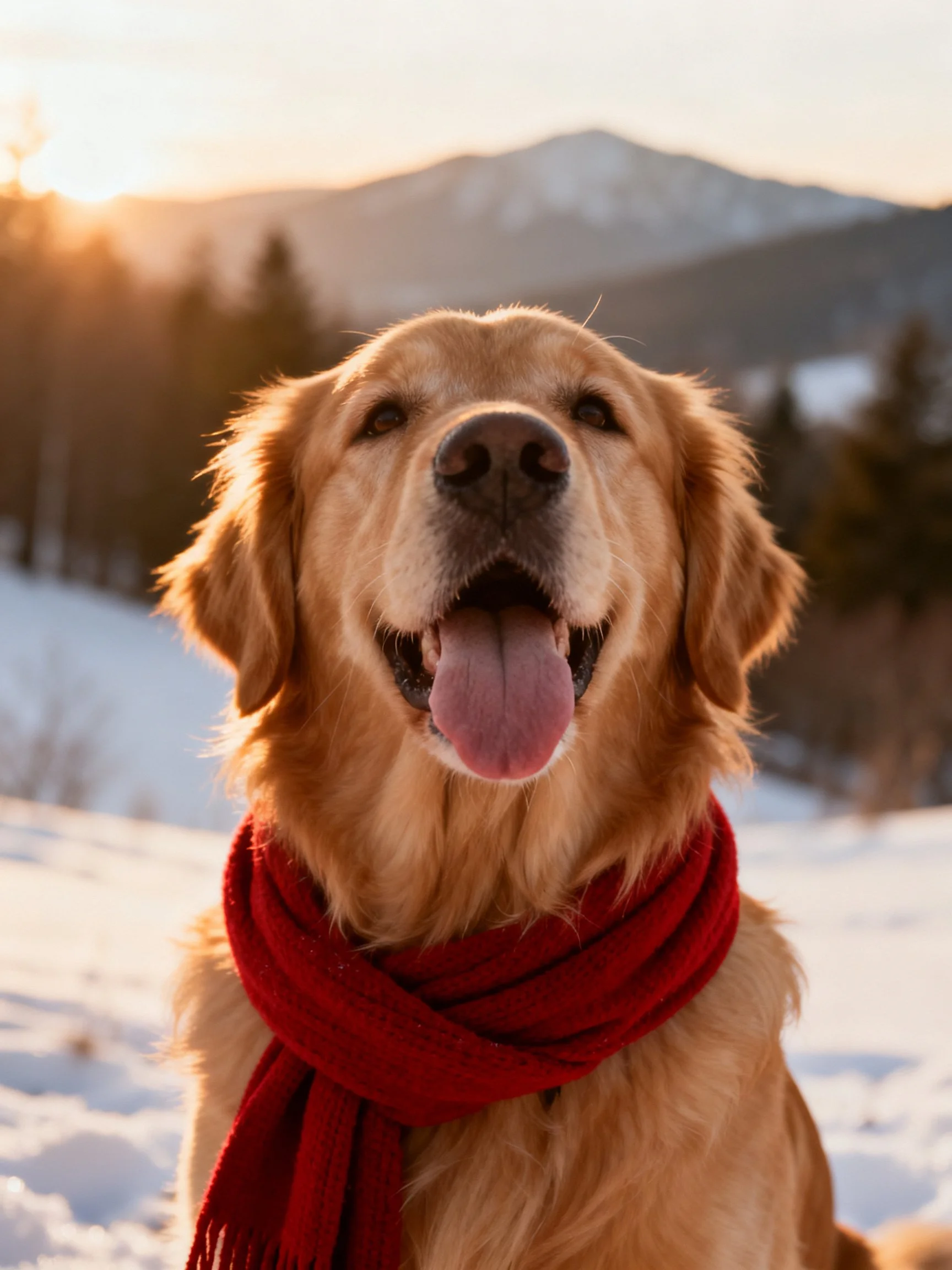 Golden retriever with red scarf in snowy mountain sunset scene