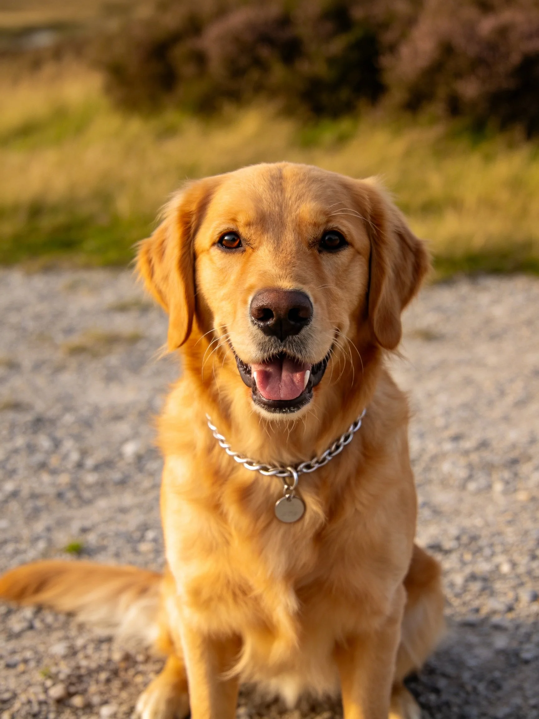 A golden retriever with a silver chain collar sits contentedly on gravel near greenery.
