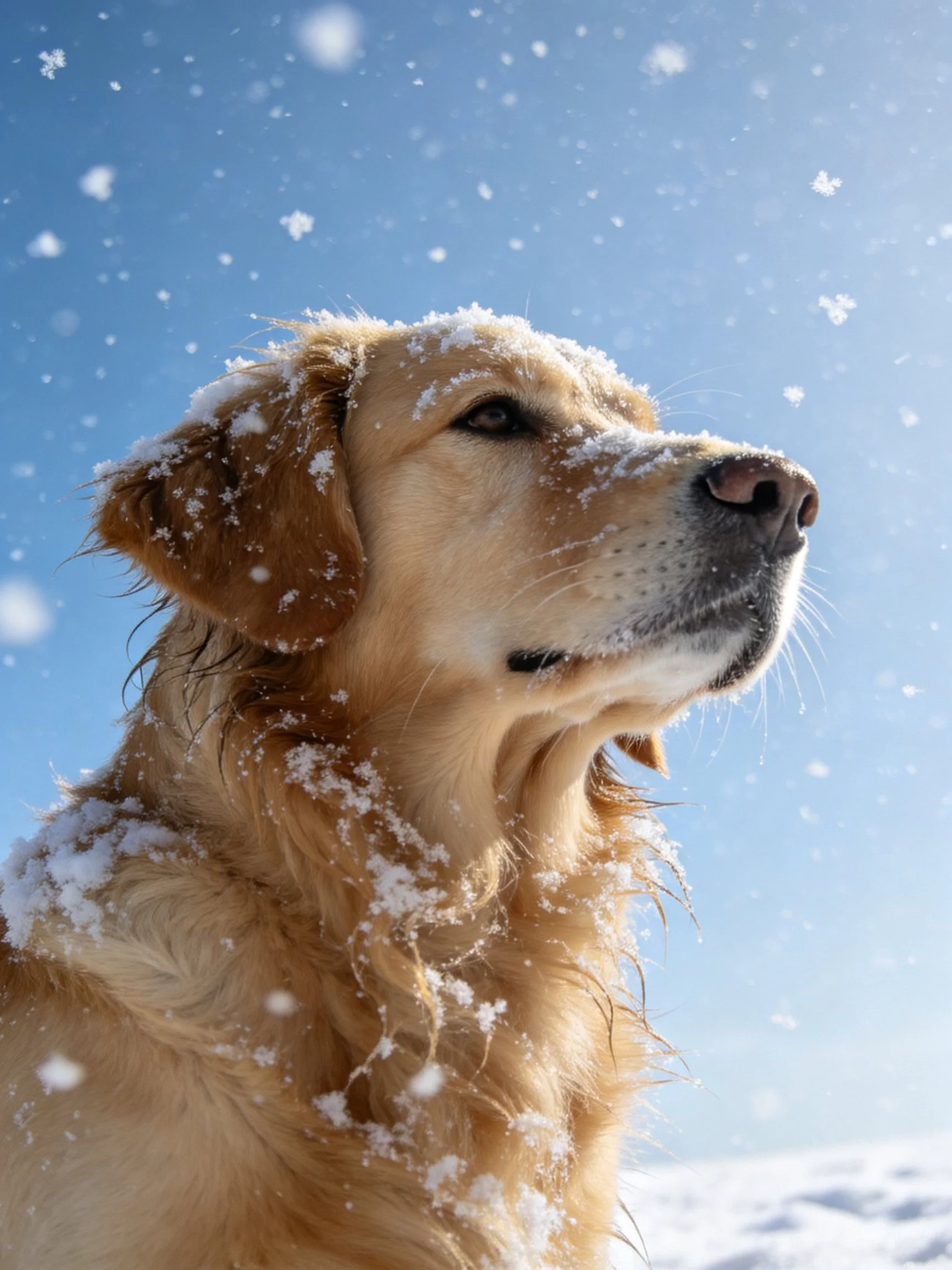 A golden retriever stands outside with snow on its fur as snowflakes fall.