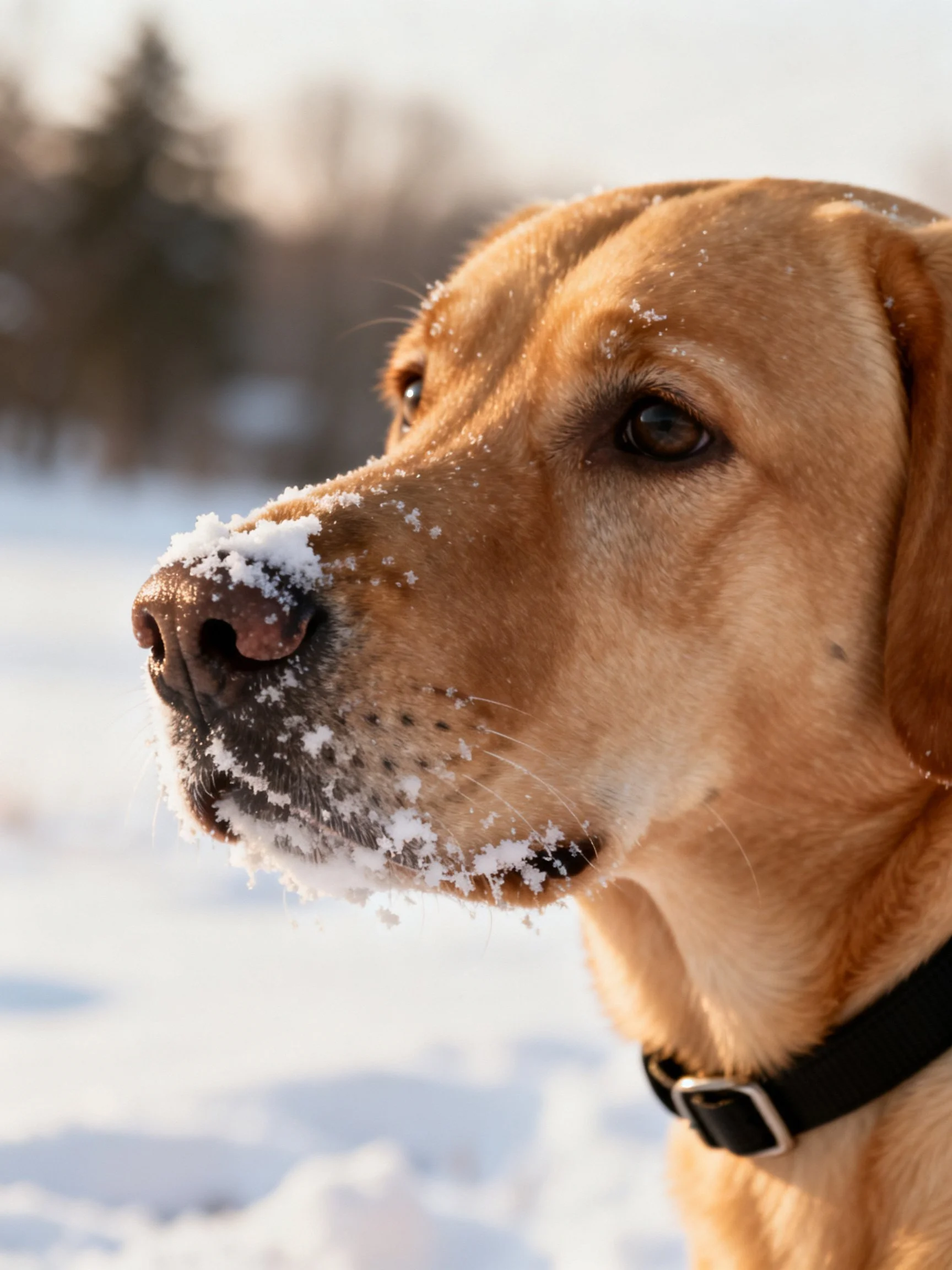 Golden retriever with snow on snout in wintry landscape
