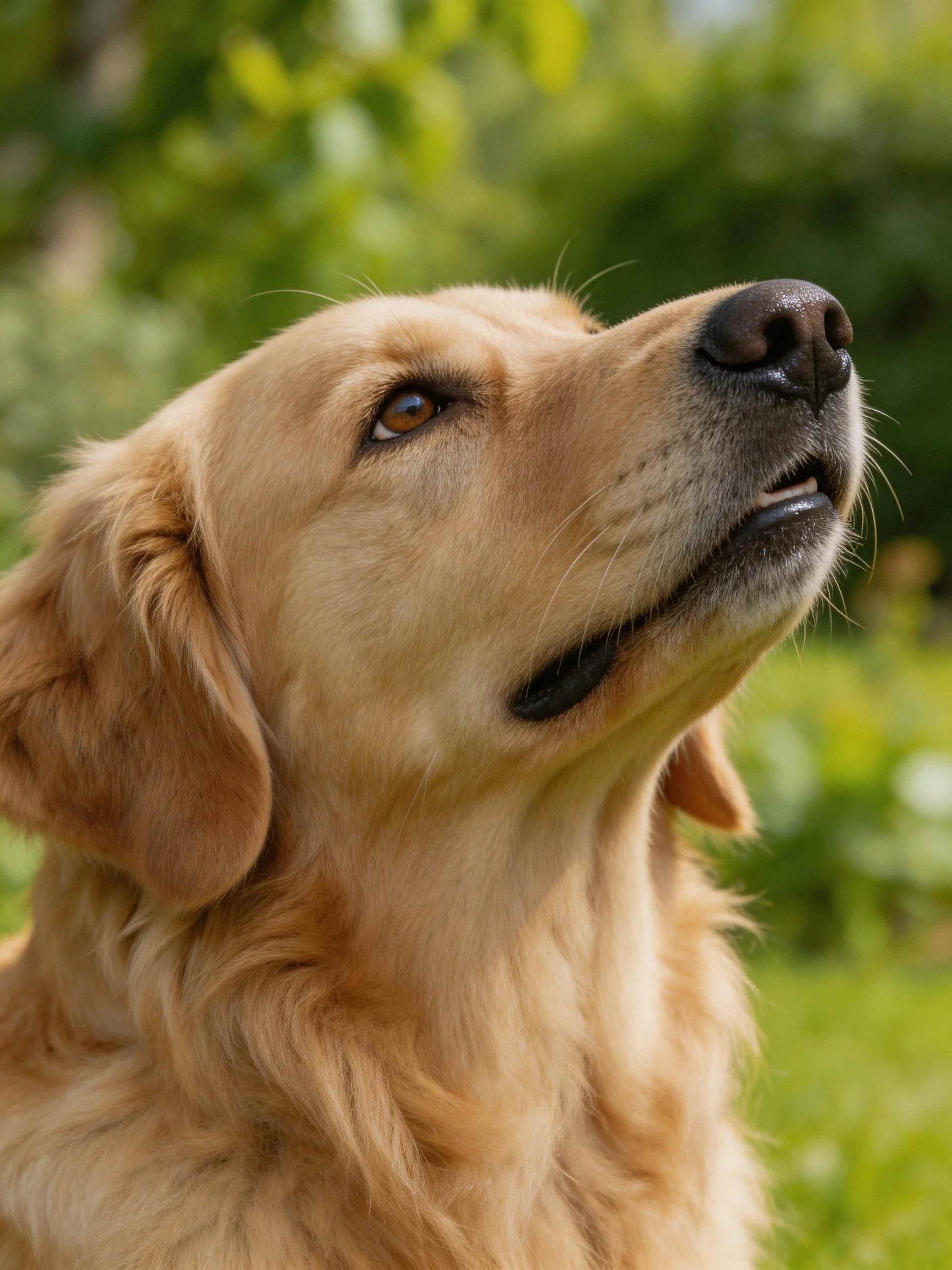 Golden retriever looks upward amid a blurred green natural background