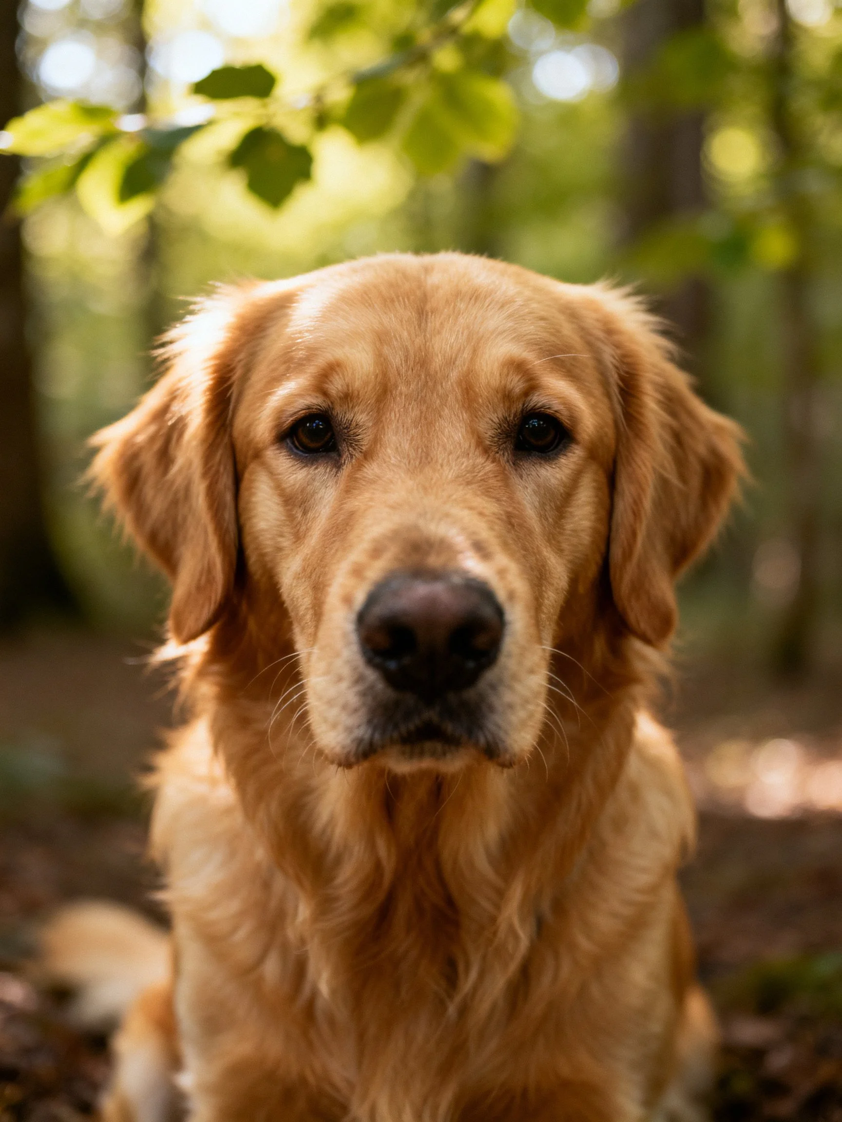 Golden retriever sits calmly in sunlit forest surroundings.