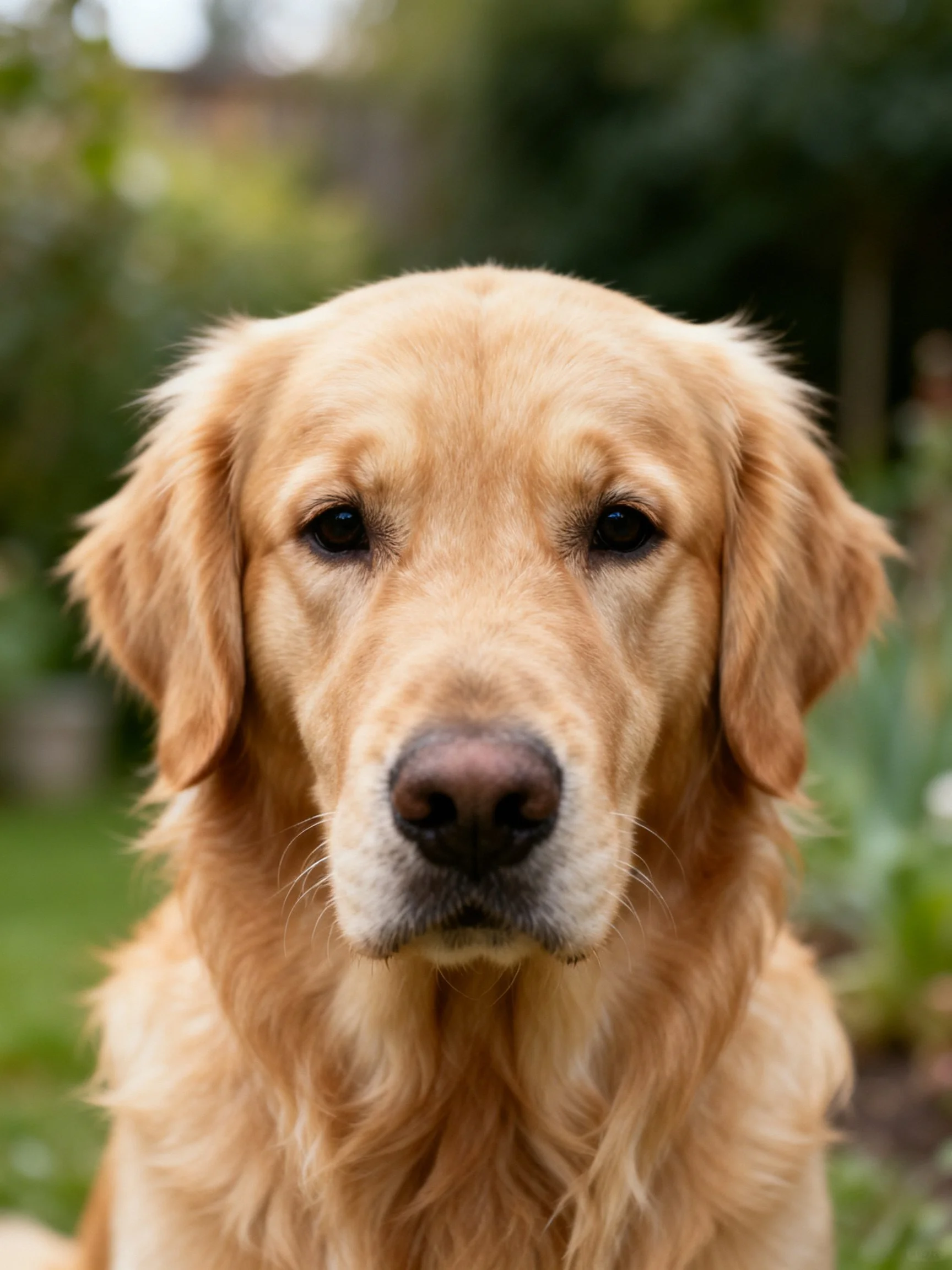 Golden retriever with soft, wavy fur in a green outdoor setting