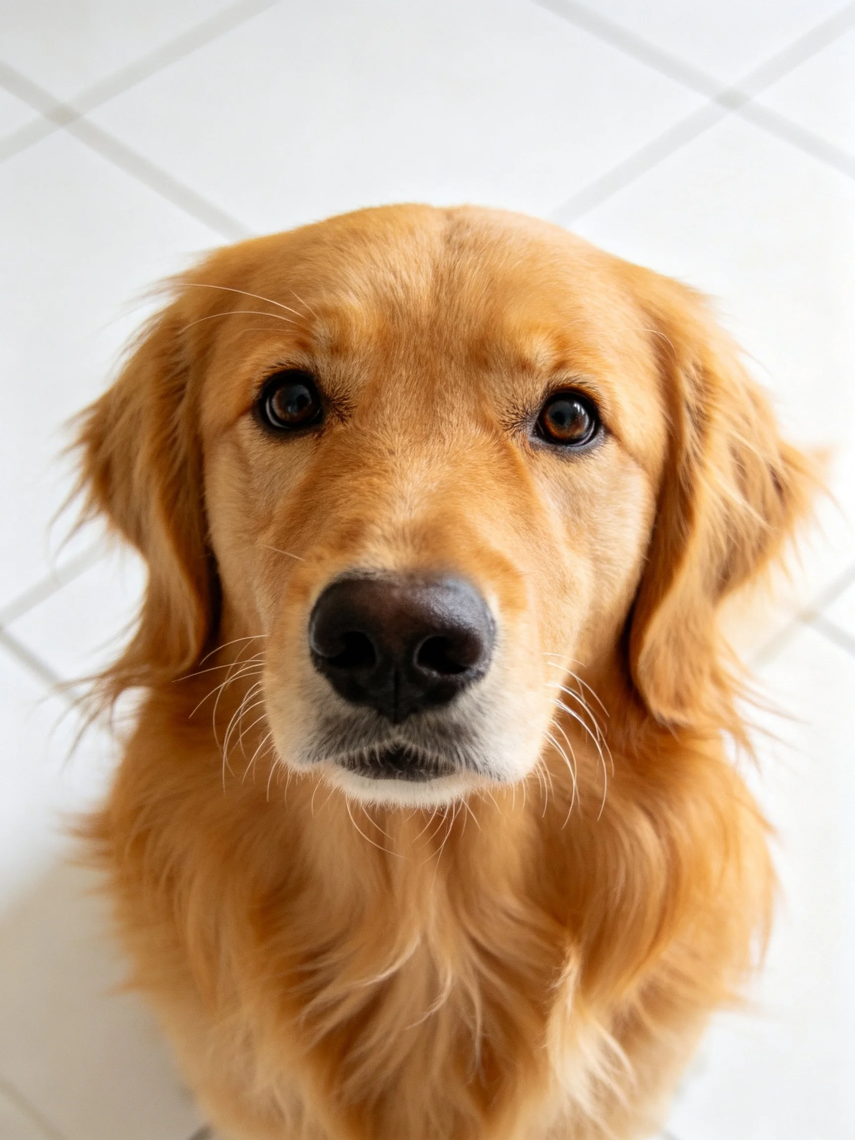 Golden retriever with soft, wavy fur in front of white tiles