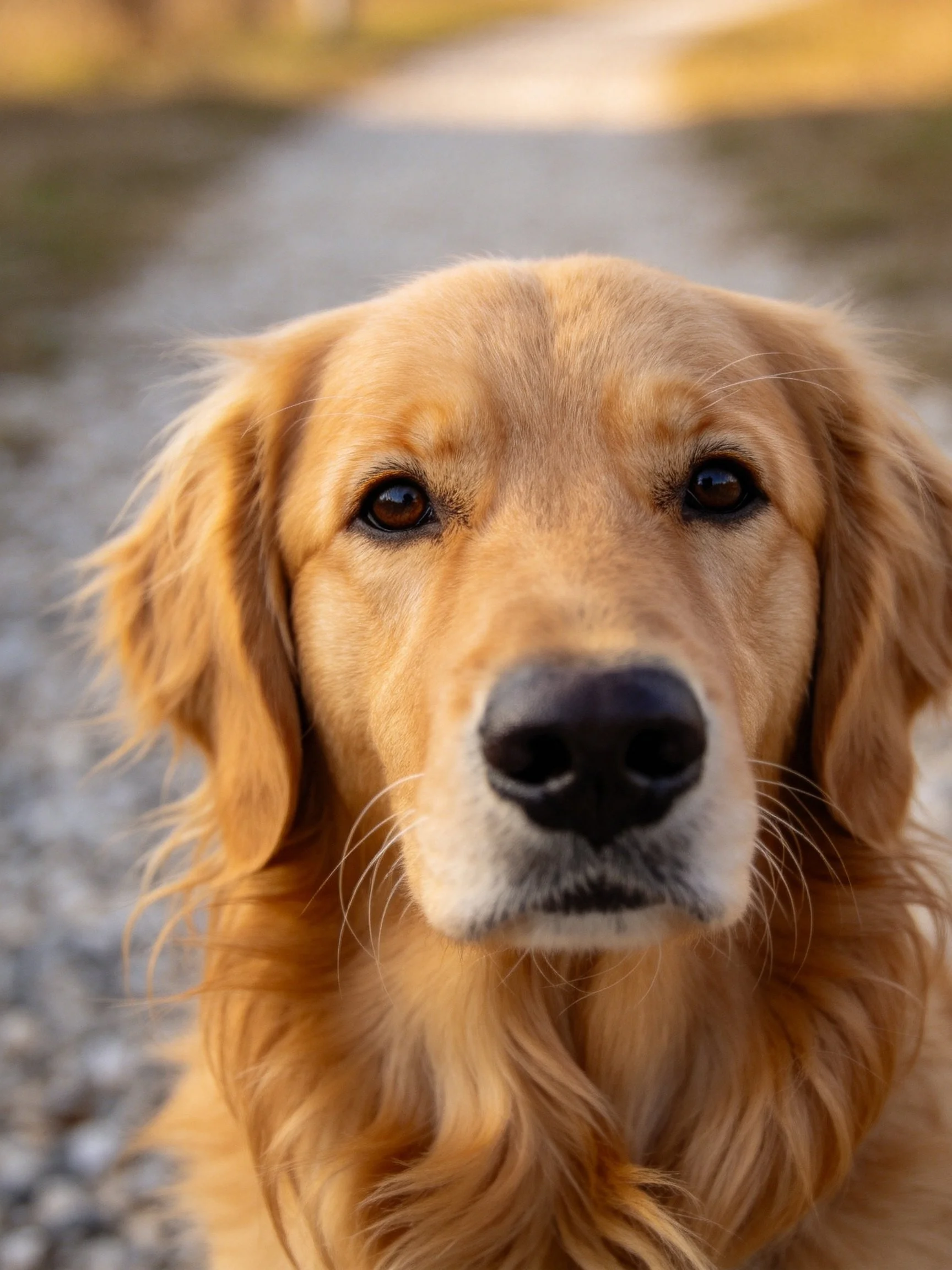A golden retriever gazes directly at the camera in an outdoor setting.