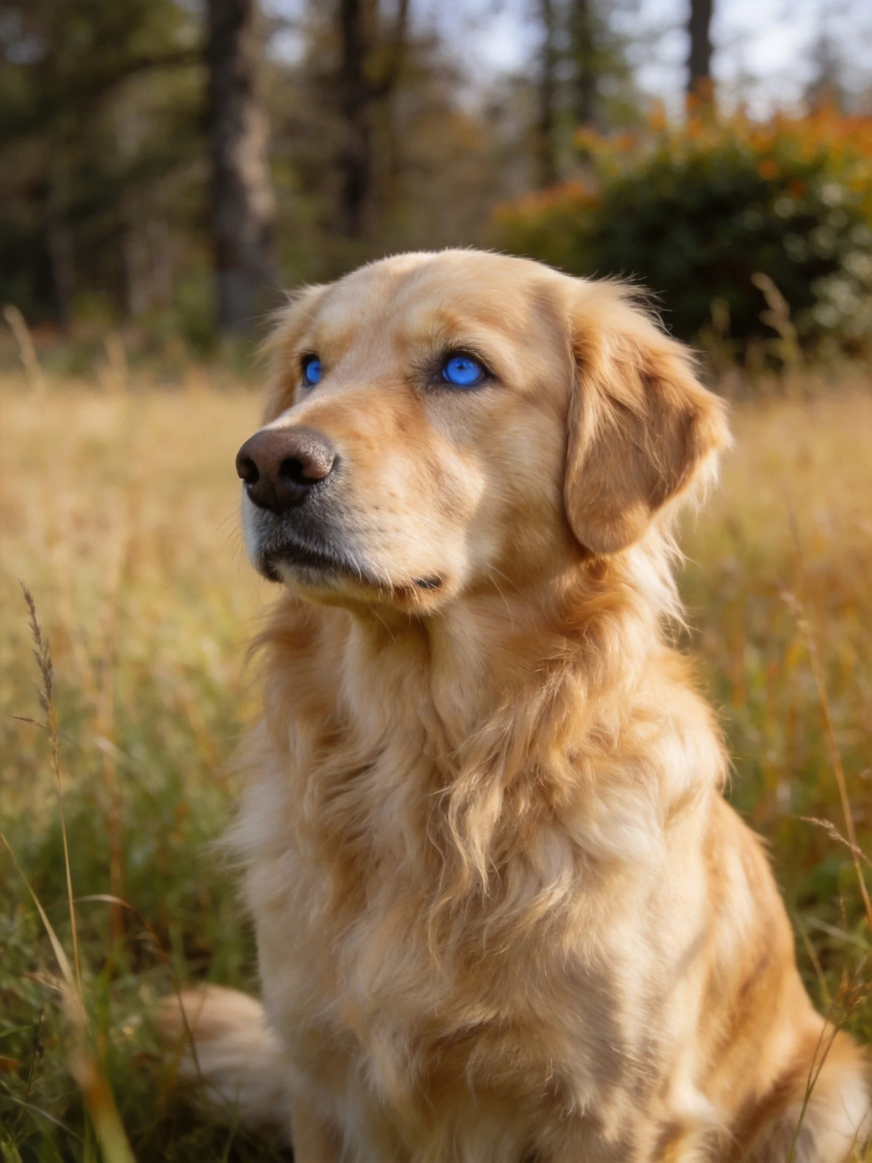A golden retriever with blue eyes rests in a sunlit outdoor scene.