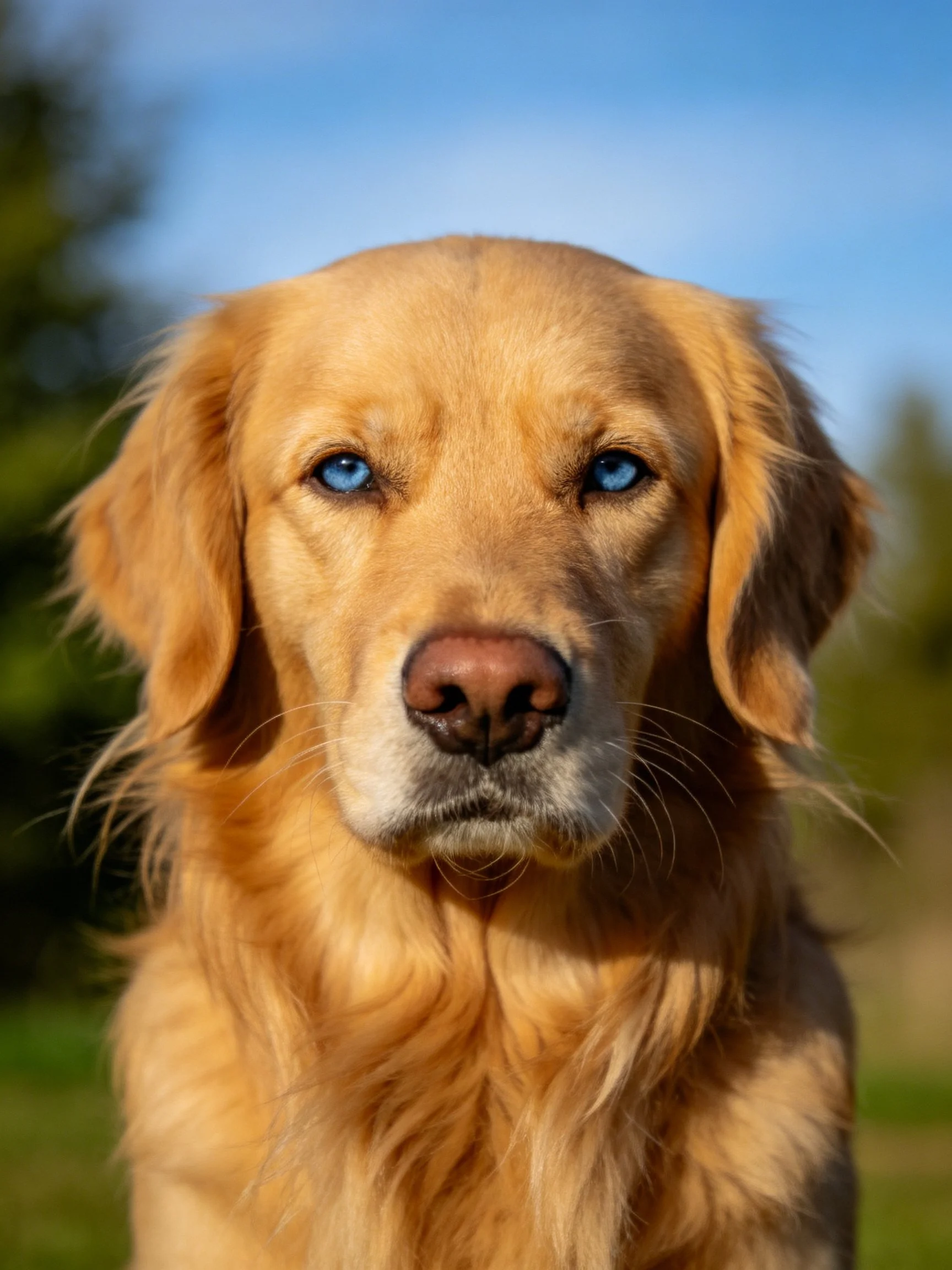 A golden retriever with blue eyes is photographed in a sunlit outdoor area.