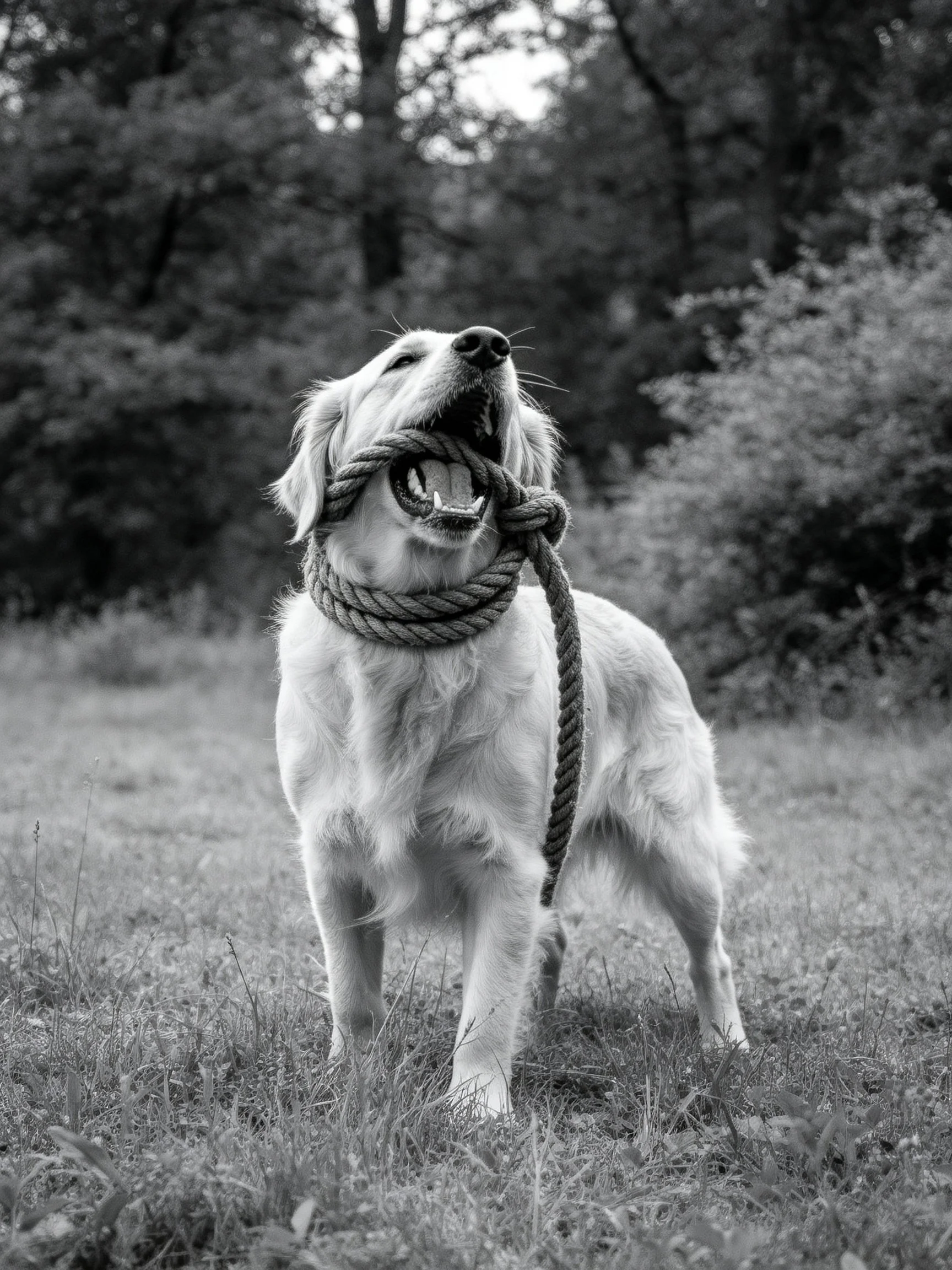 A golden retriever interacts with a thick rope around its neck in a grassy outdoor setting.